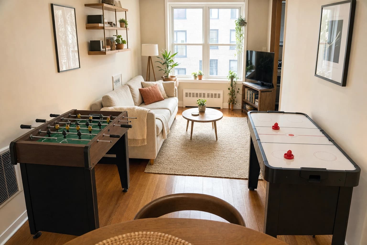 Small apartment living room with a foosball table and an air hockey table footprint comparison