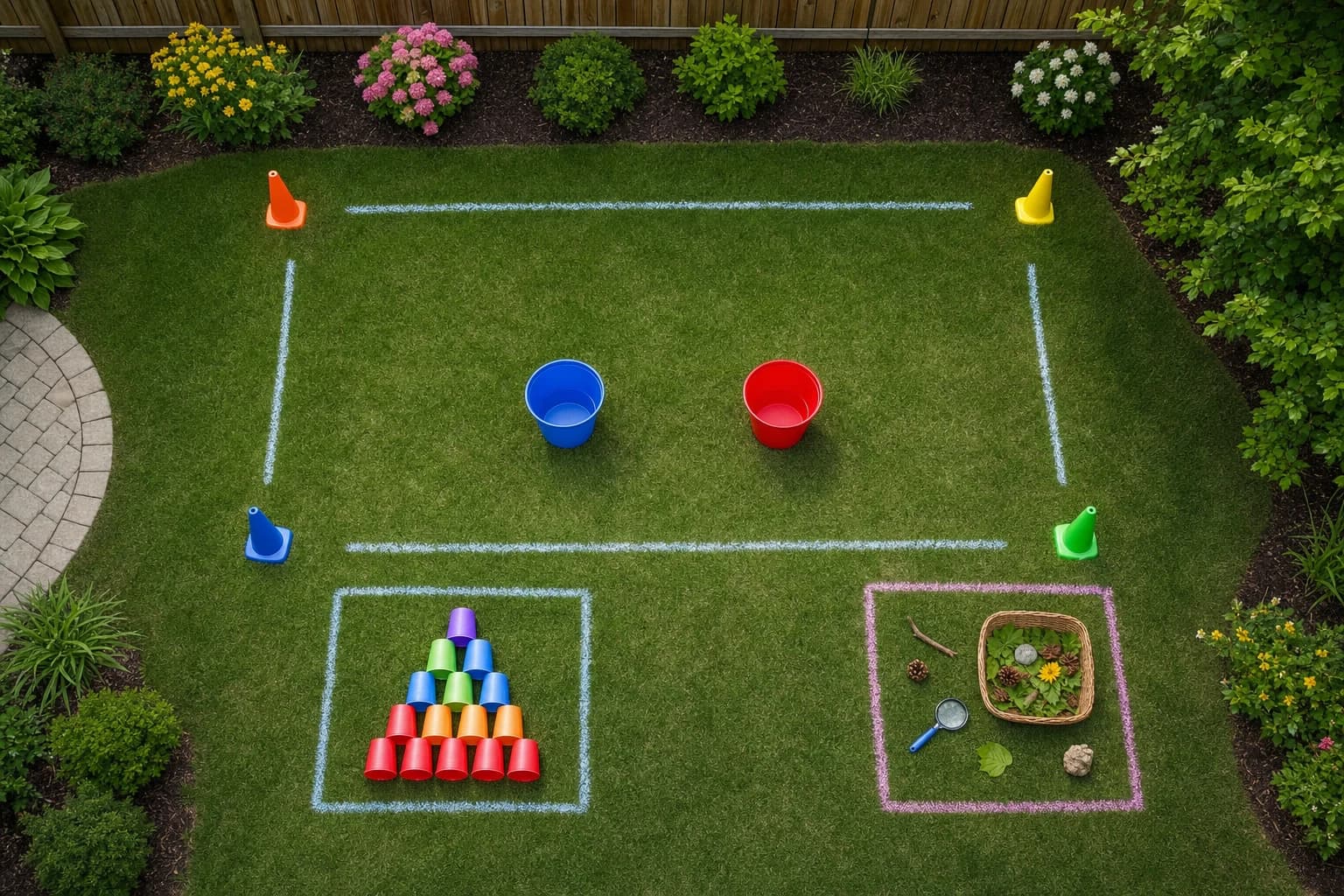 Small backyard layout with cones buckets and game stations for kids