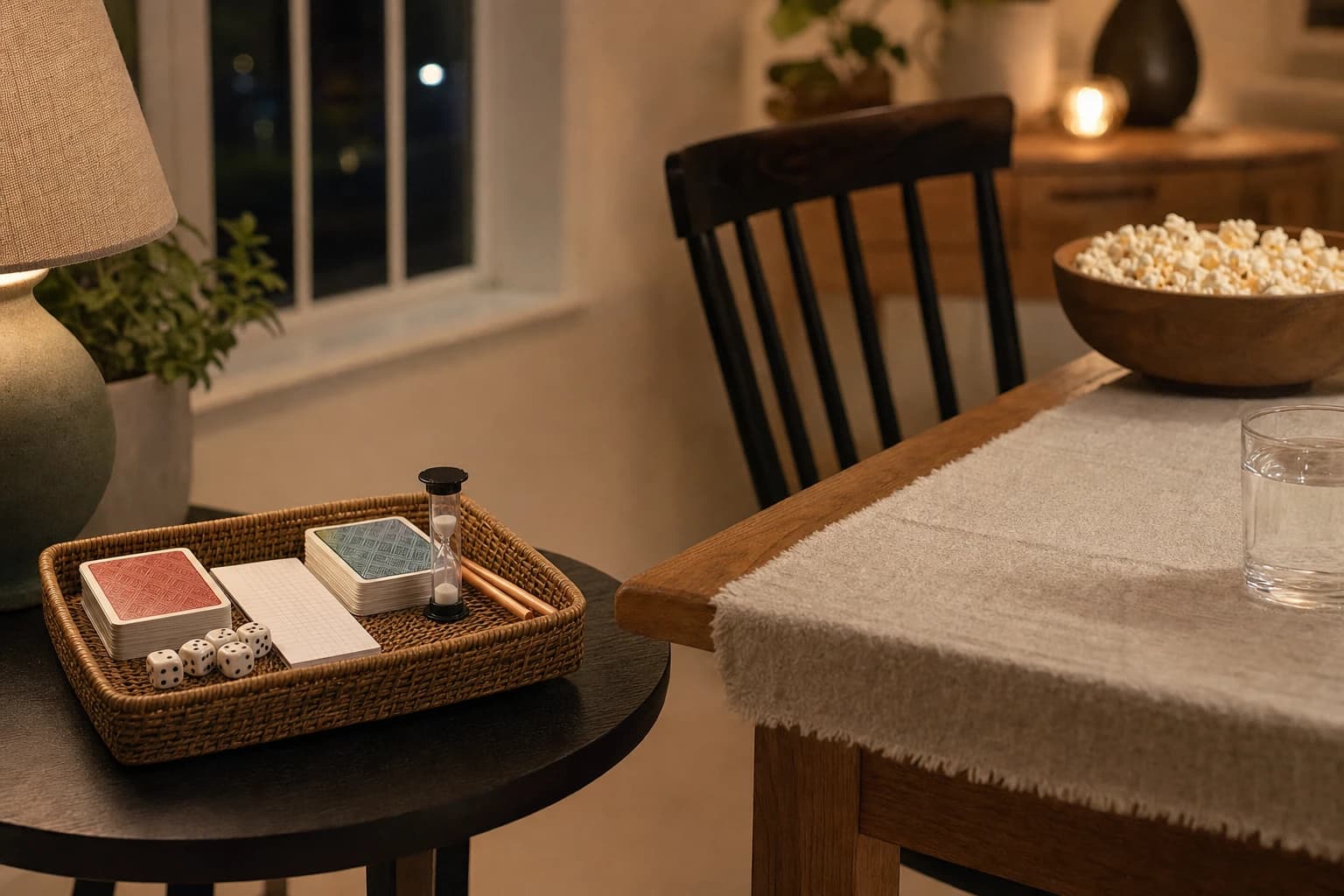 Small basket holding quick family games cards dice and score sheets near a kitchen table