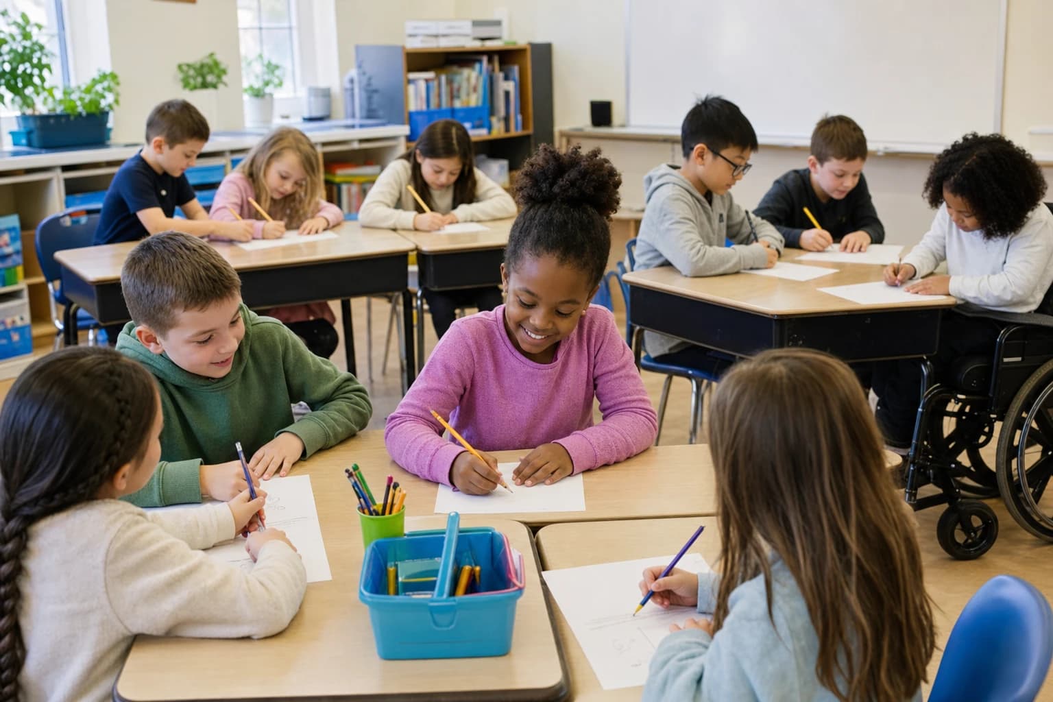 Small classroom party game setup with students seated at desks using paper and pencils
