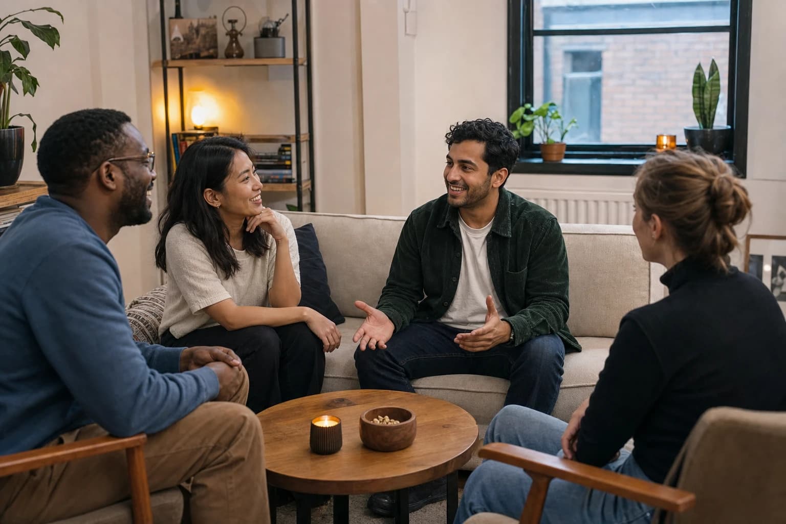 Small group of adults sitting on a sofa and chairs having a relaxed discussion game
