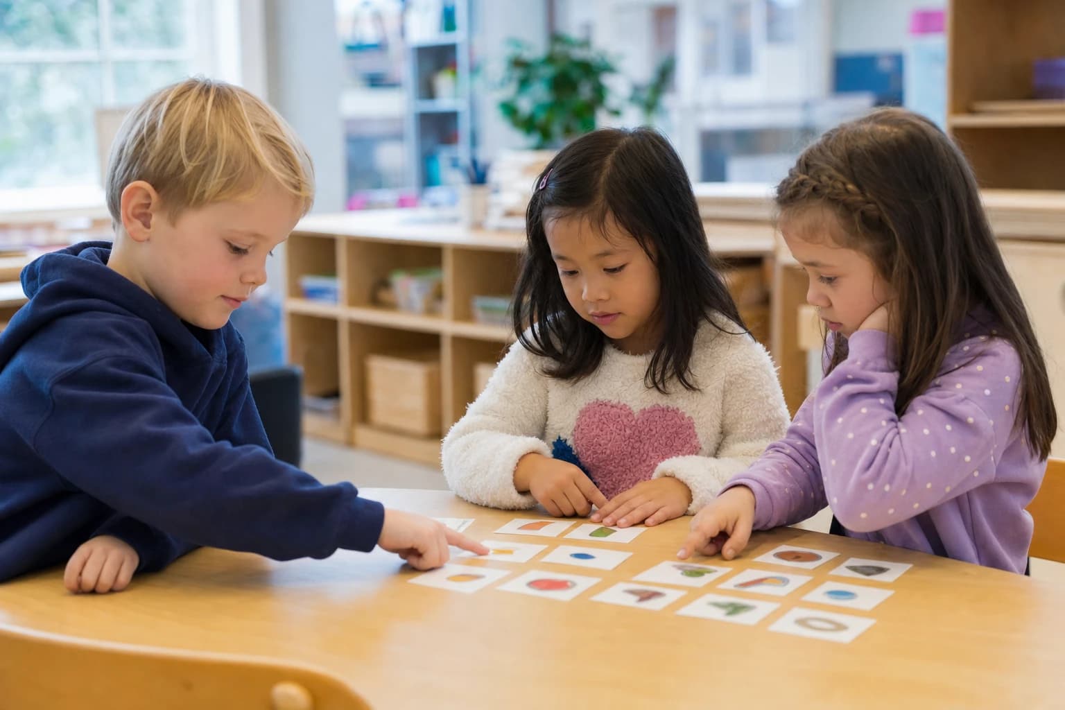 Small group of young students playing a quiet tabletop sorting game in a classroom