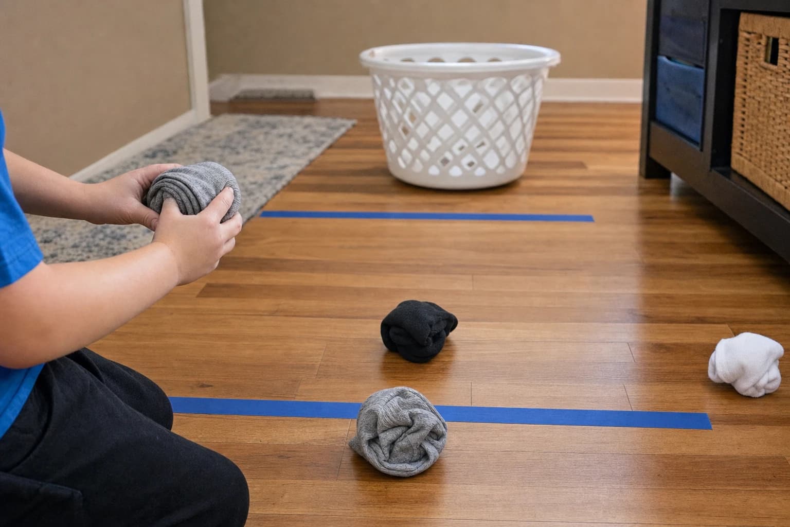 Sock toss target game with laundry basket and rolled socks indoors