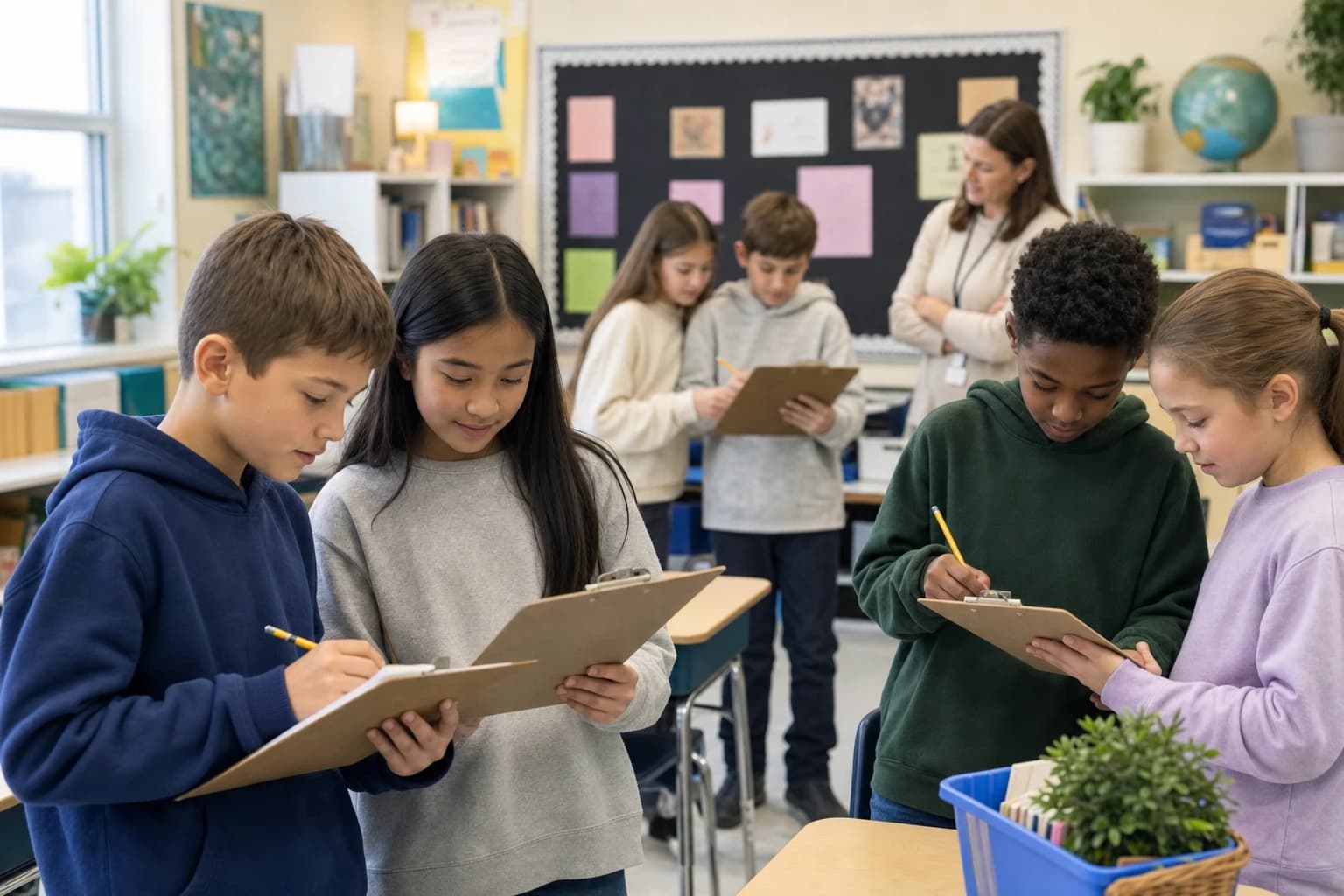 Students working in pairs on a vocabulary scavenger hunt recording sheet
