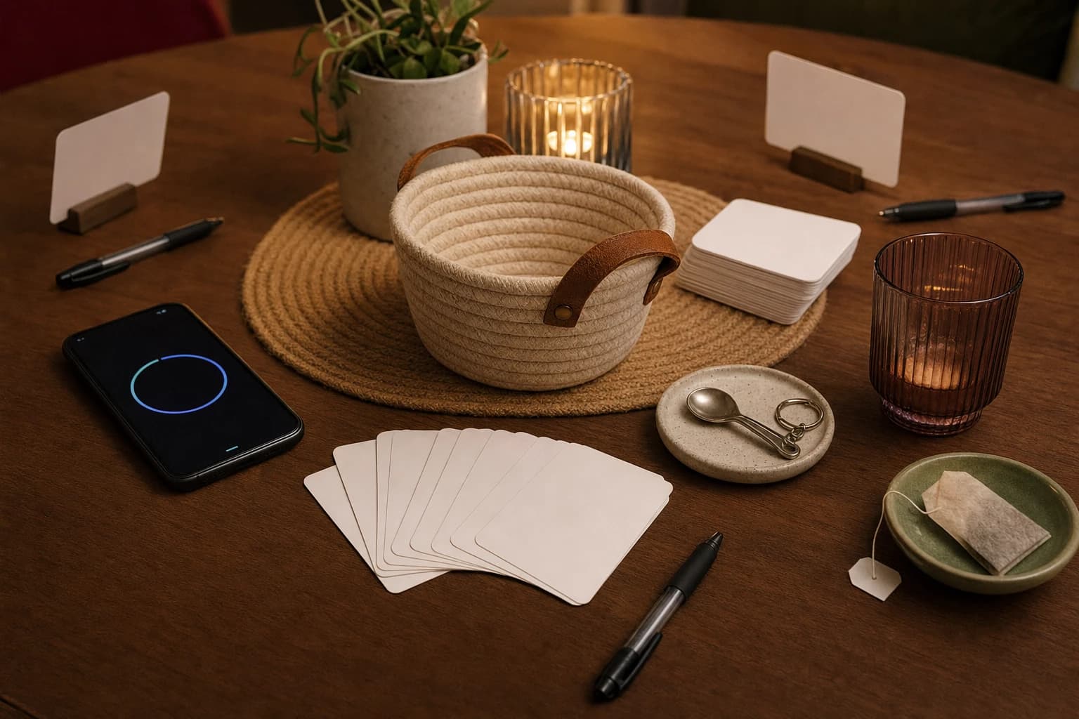 Table with paper prompts, pens, a timer, and household objects prepared for indoor games