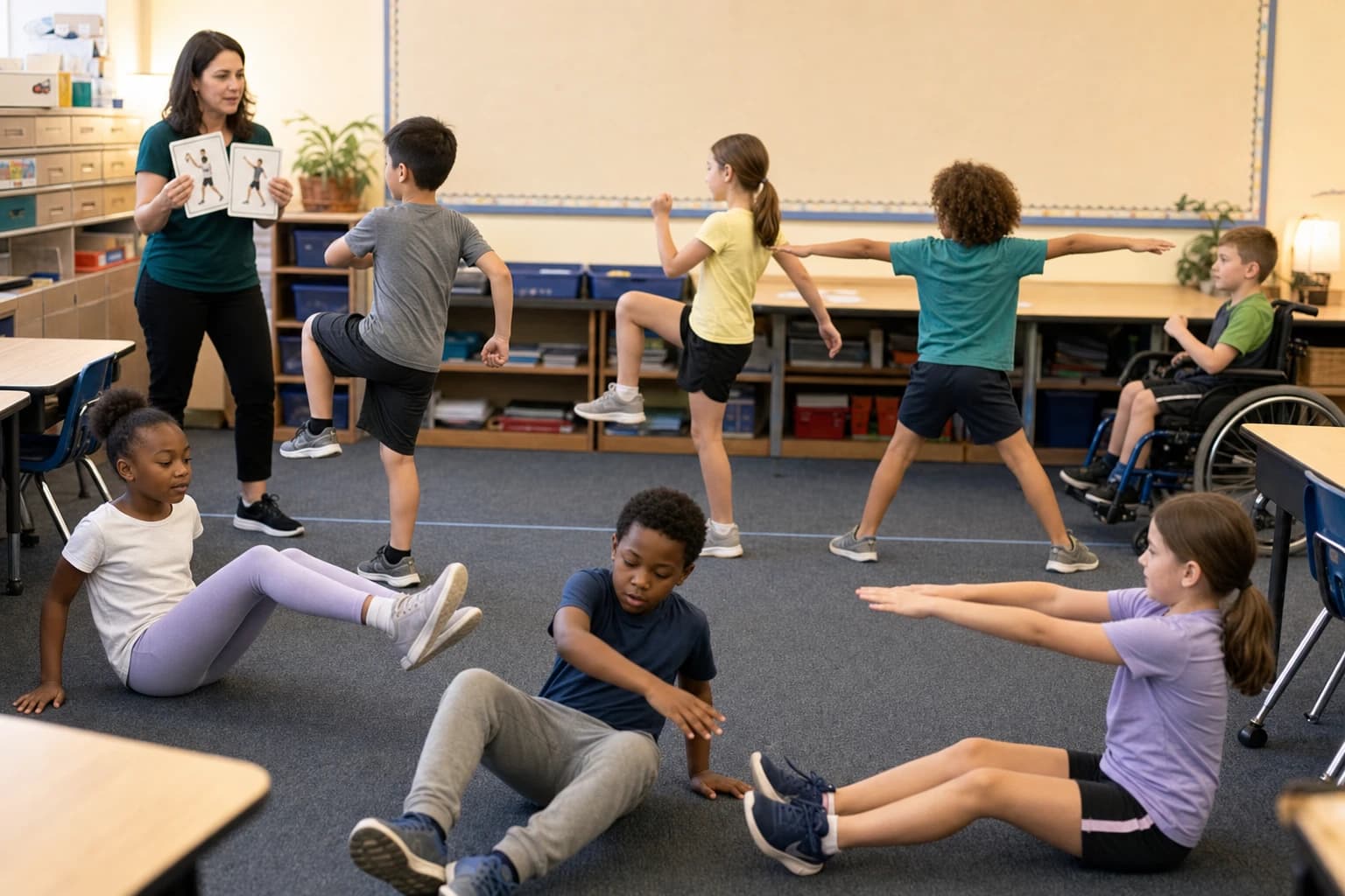Teacher holding indoor PE movement cards with seated and standing activity options for elementary students