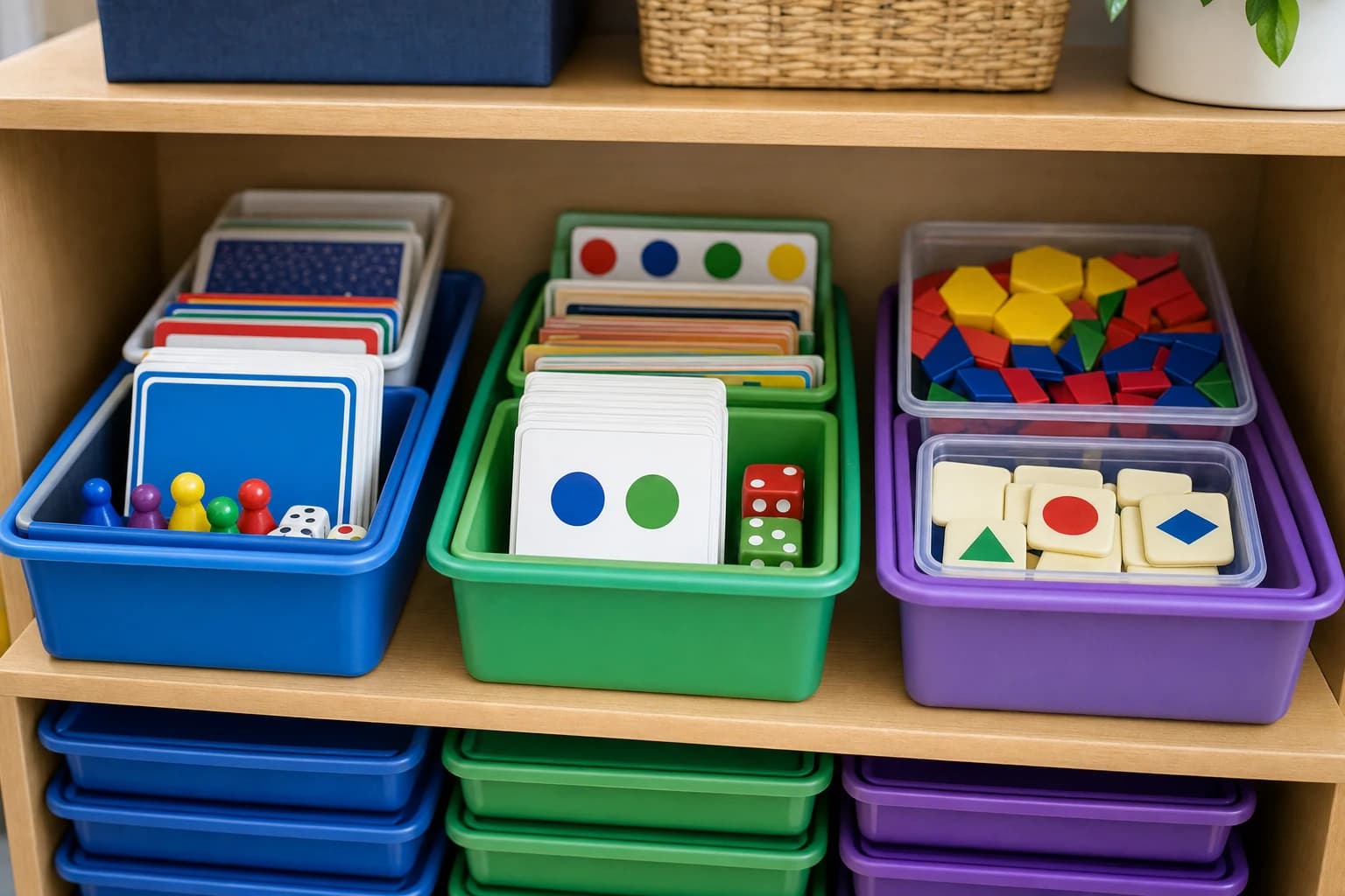 Teacher-labeled bins for independent, partner, and small-group quiet classroom games