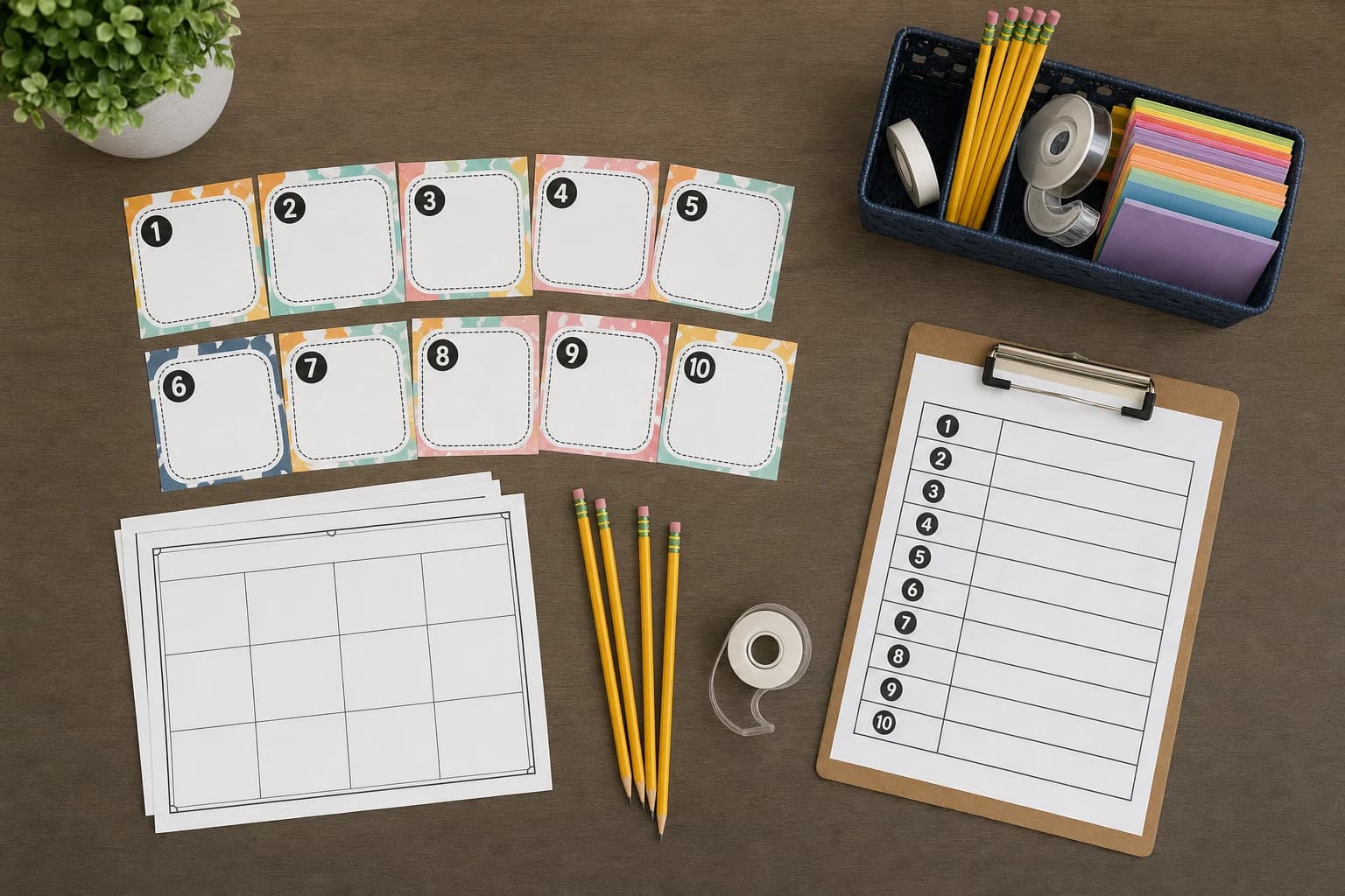 Teacher organizing numbered math task cards, recording sheets, pencils, and tape on a desk