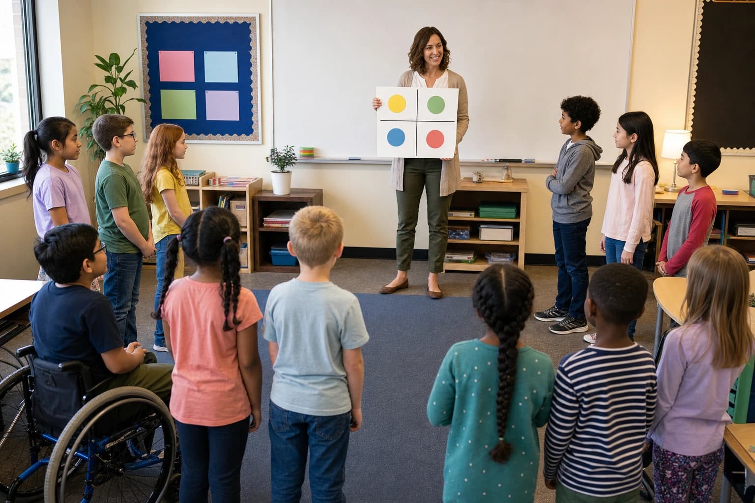 Teacher using a Four Corners classroom chart with non-elimination game options