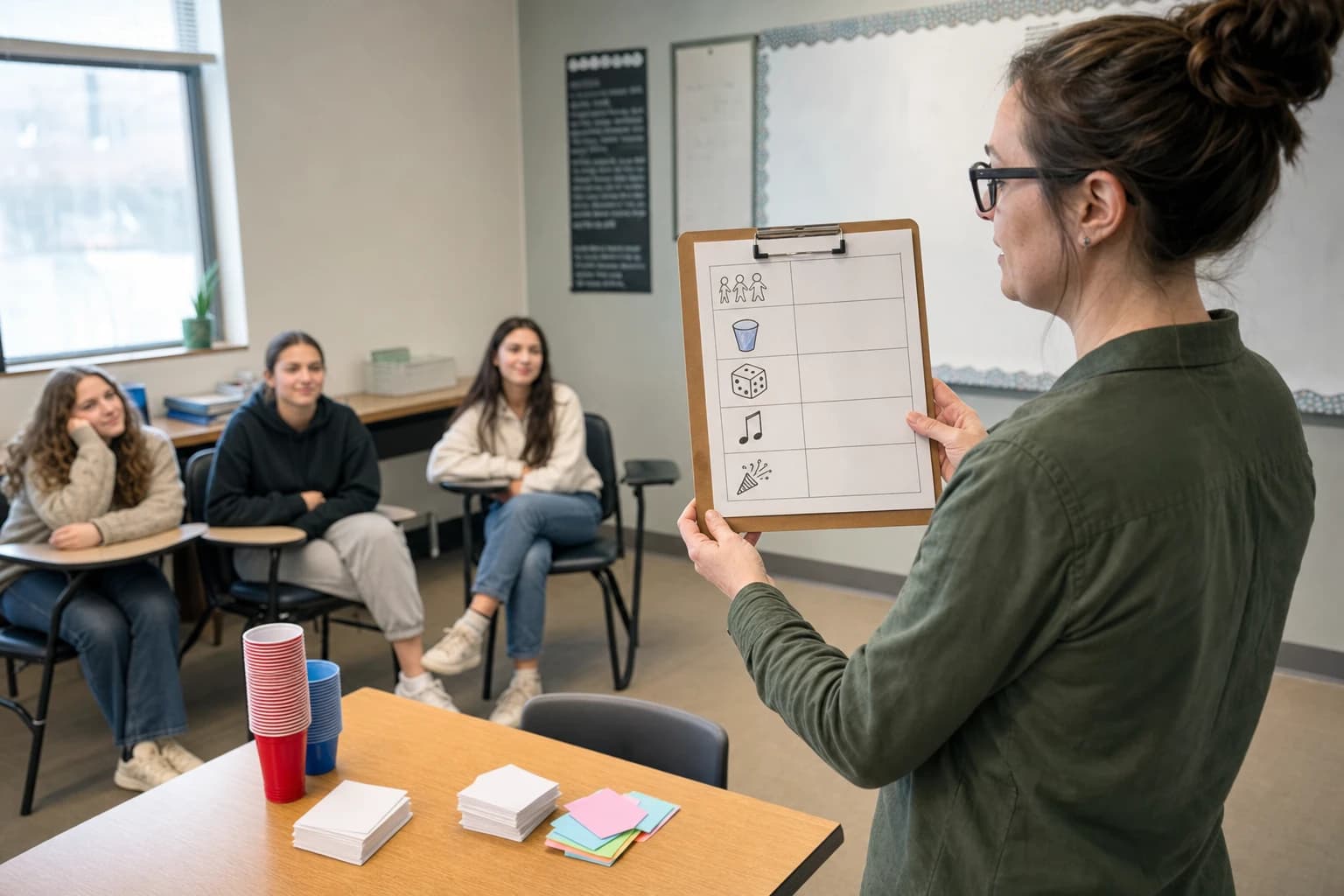 Teacher using a simple classroom party game chart with noise level and setup time
