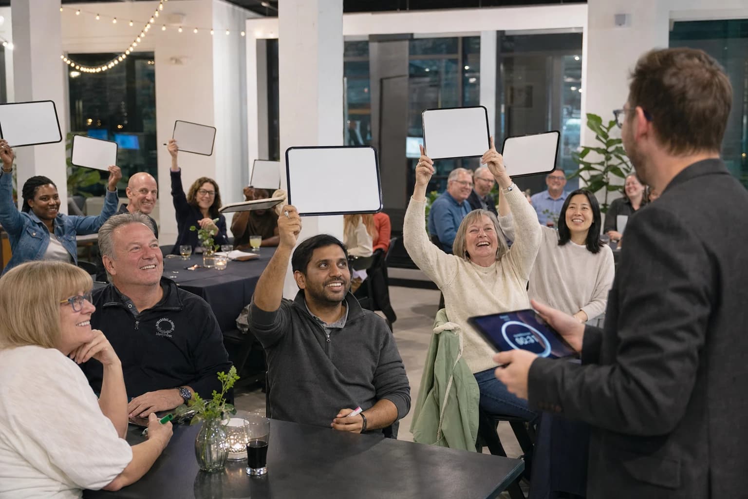 Teams holding answer boards during a large group quiz party game