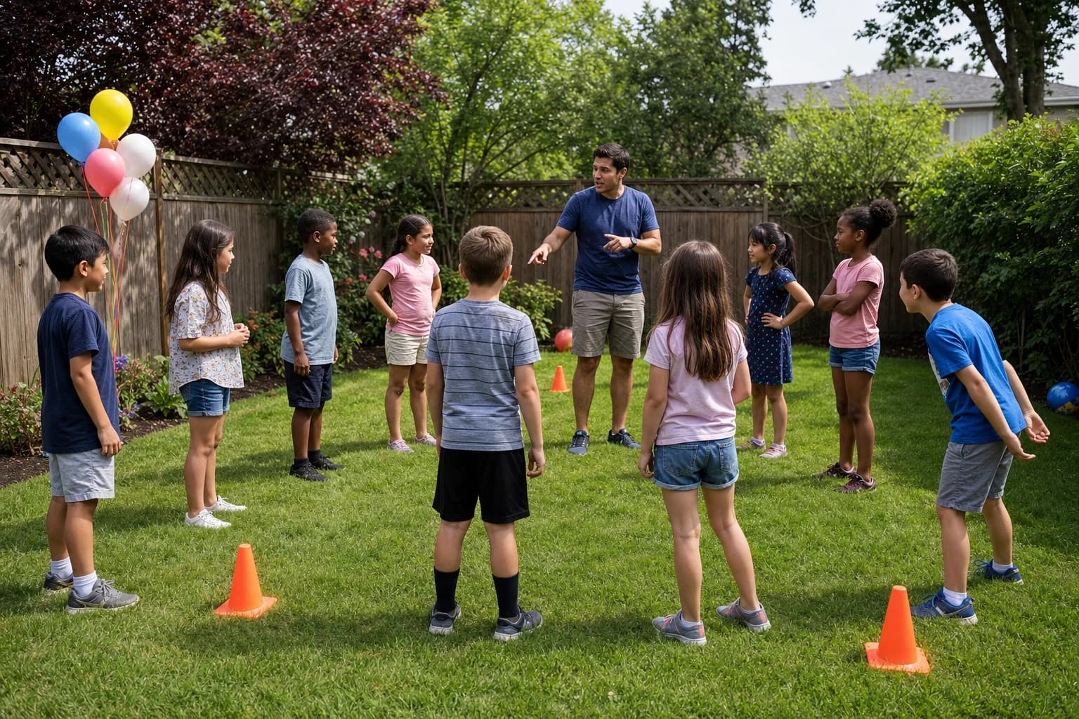 Ten children playing organized party games in a small backyard
