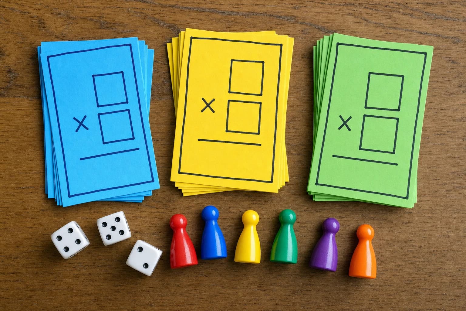 Three color-coded piles of multiplication question cards labeled easy, practice, and challenge beside game tokens