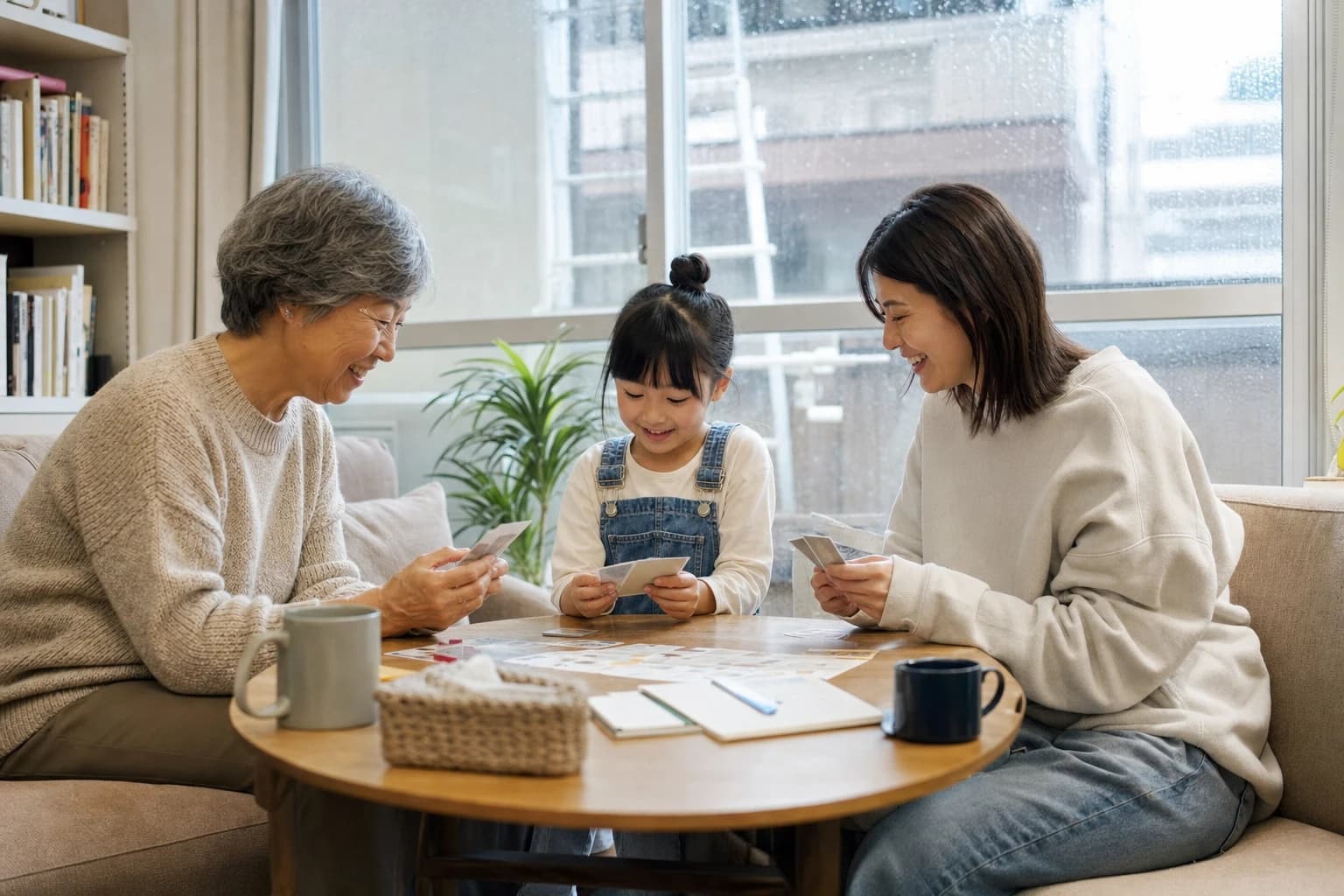 Three generations playing a seated family game around a small coffee table