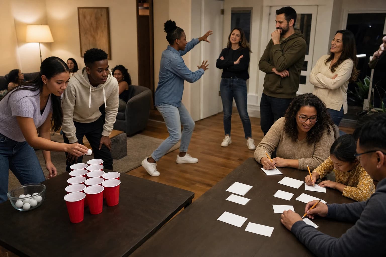 Three party game stations showing a timer challenge, charades acting area, and trivia answer cards