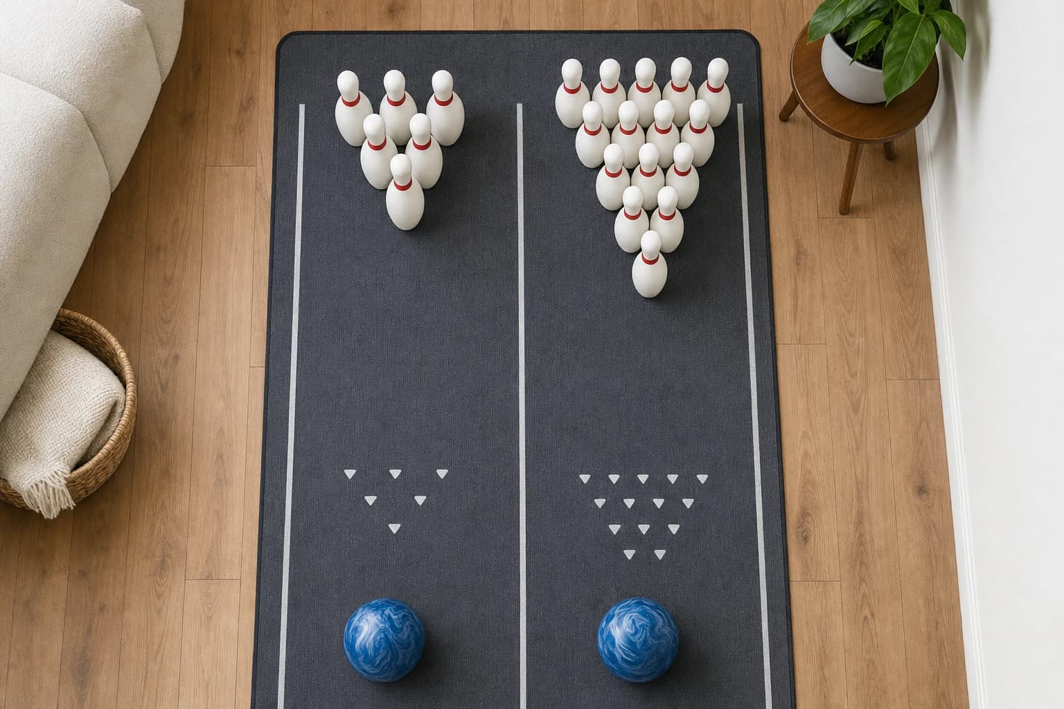 Top view diagram of six pin and ten pin spacing for a home bowling lane