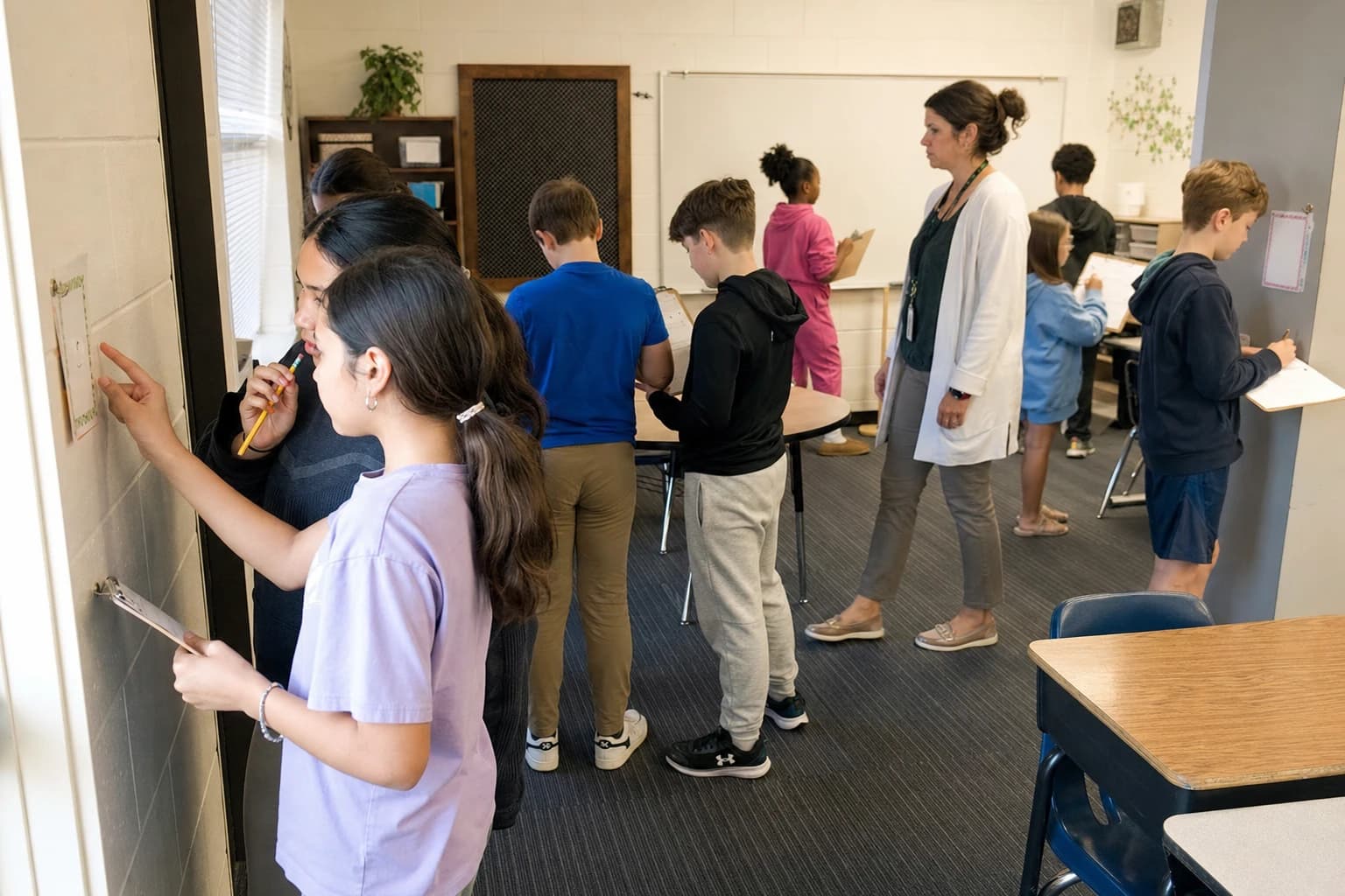 Upper elementary students solving math scavenger hunt task cards around a classroom