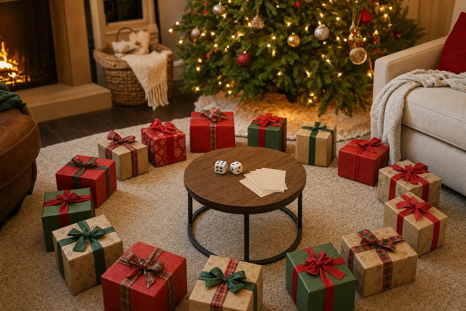 Wrapped Christmas gifts arranged for a family-friendly gift exchange game