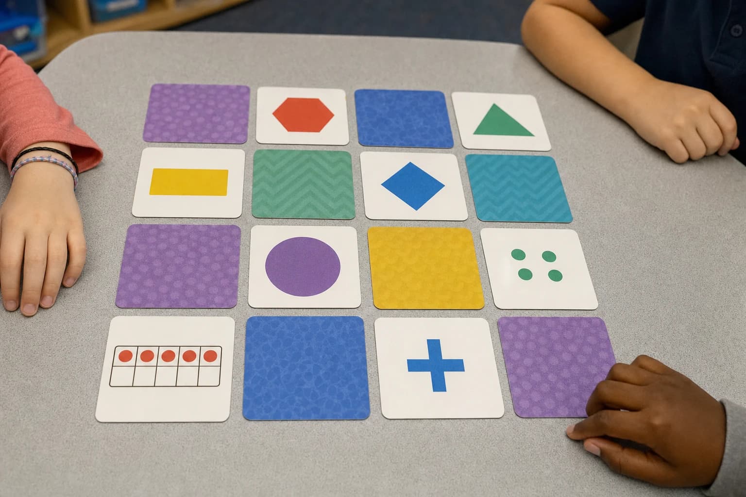 A classroom memory grid made from cards with vocabulary and math prompts