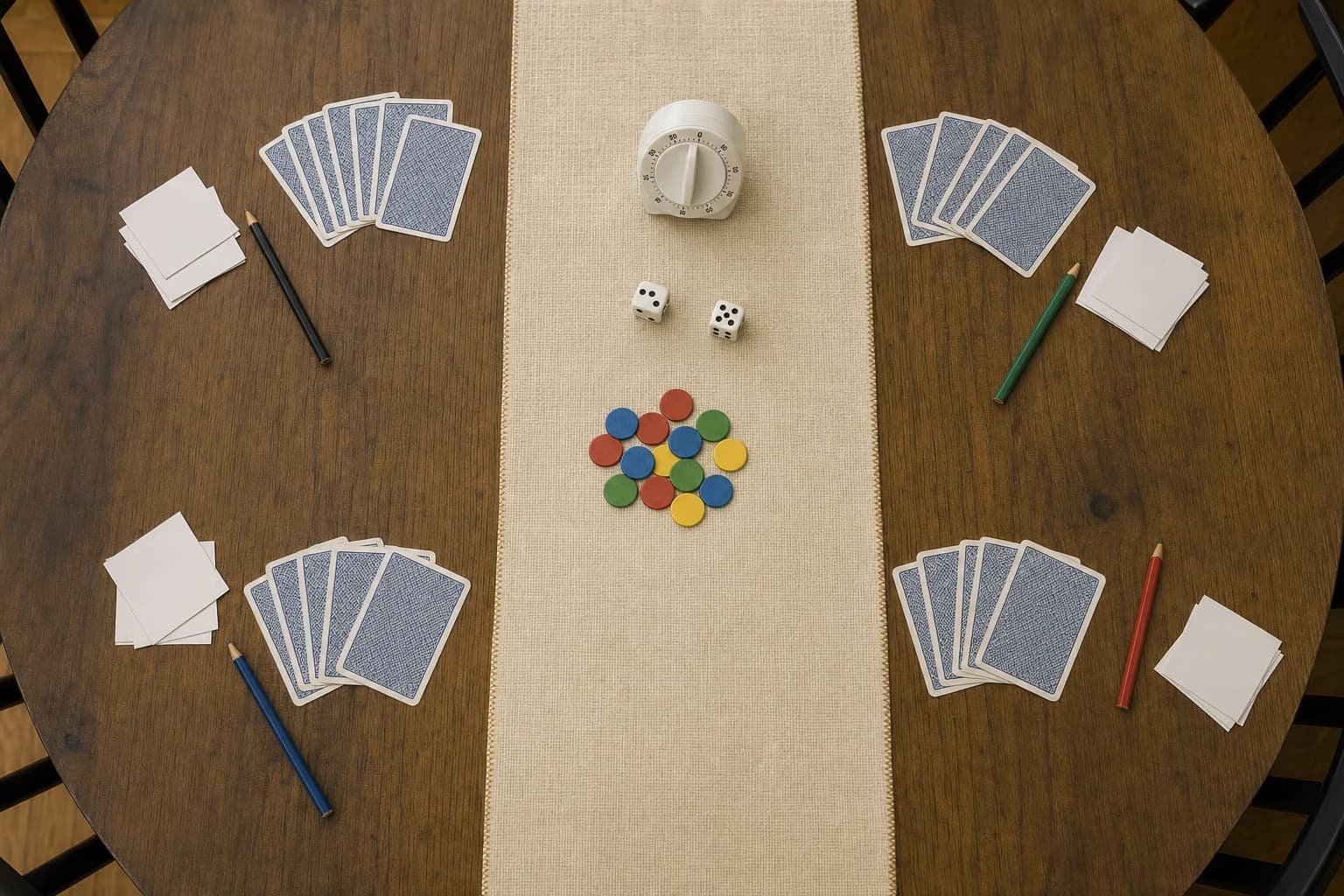A simple family game night setup with cards dice pencils paper tokens and a timer on a table