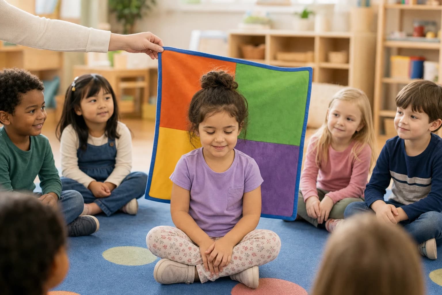 A soft fabric square placed behind a child in a seated circle game