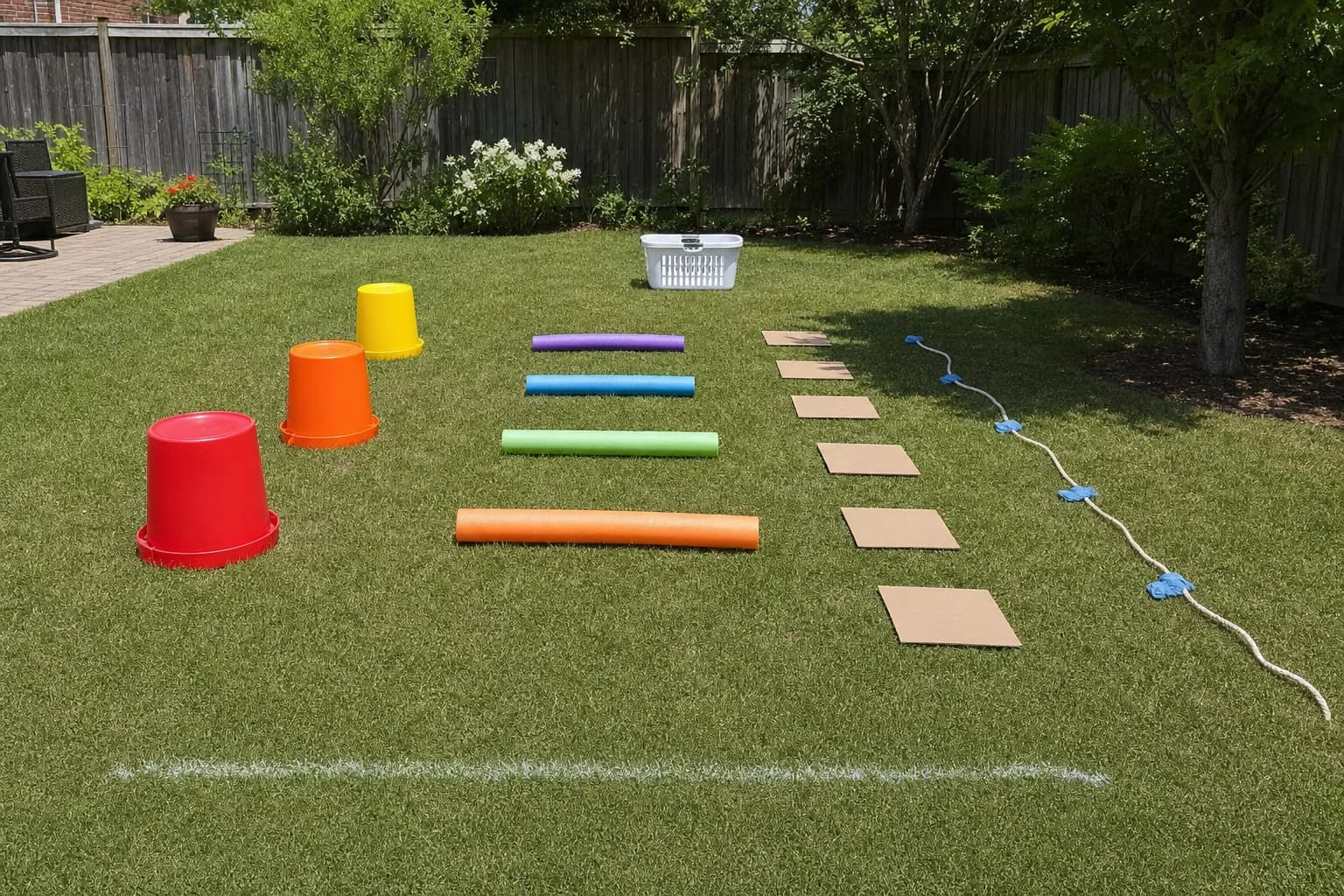 Backyard obstacle course for kids using cones, buckets, chalk lines, pool noodles, and cardboard stepping stones
