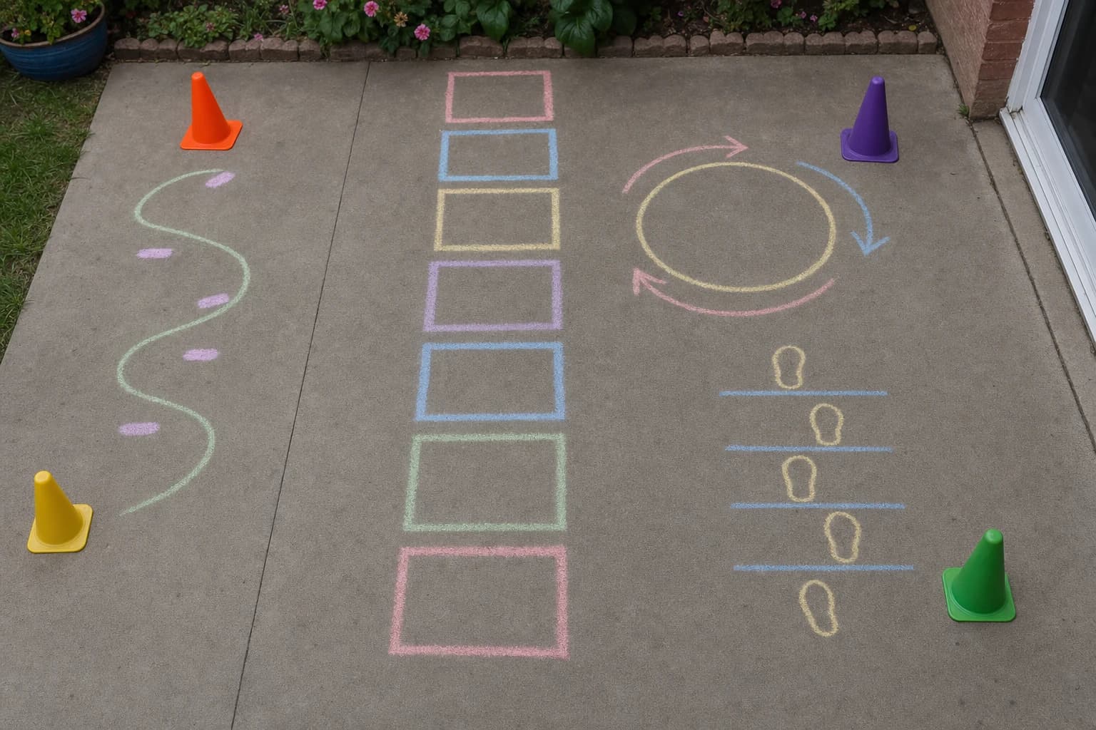 Chalk activity path with hop, balance, and turn prompts on a small patio