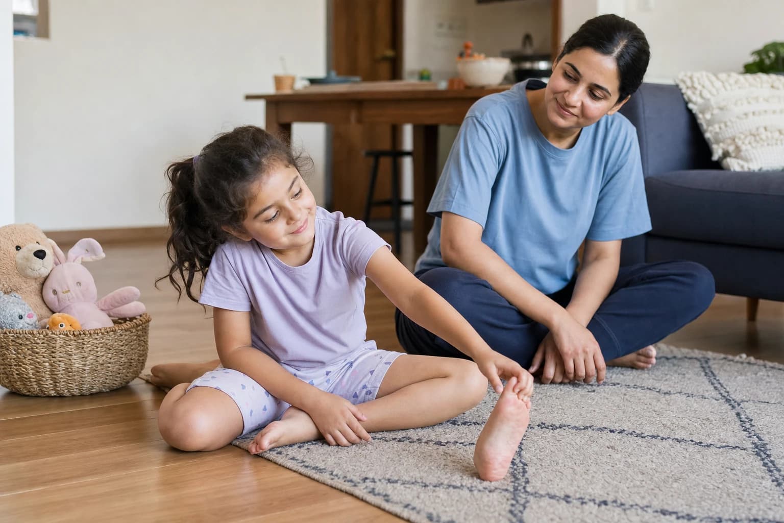 Child doing a calm stretch on a rug after indoor movement games in an apartment