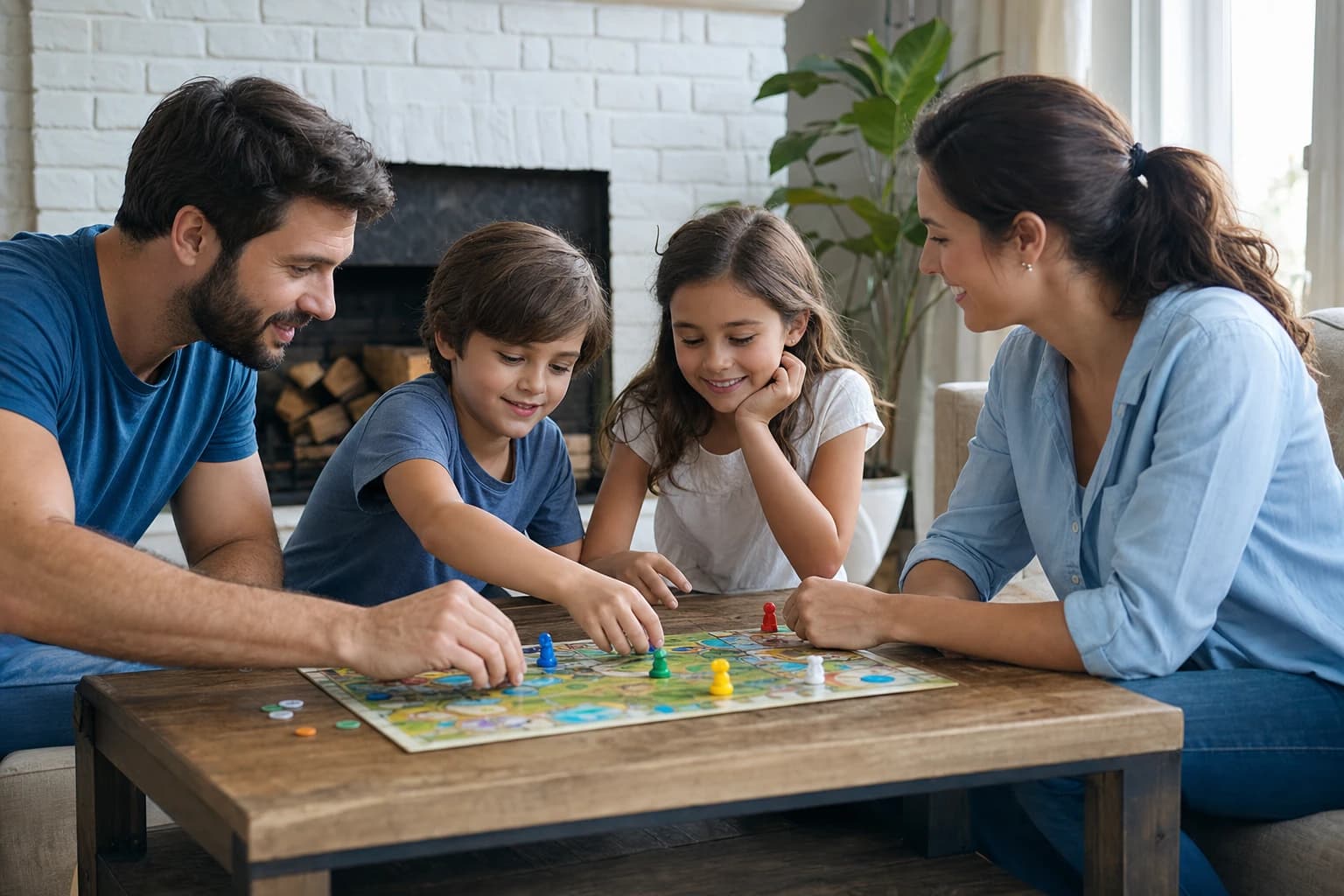 Children and adults using team play during a family board game