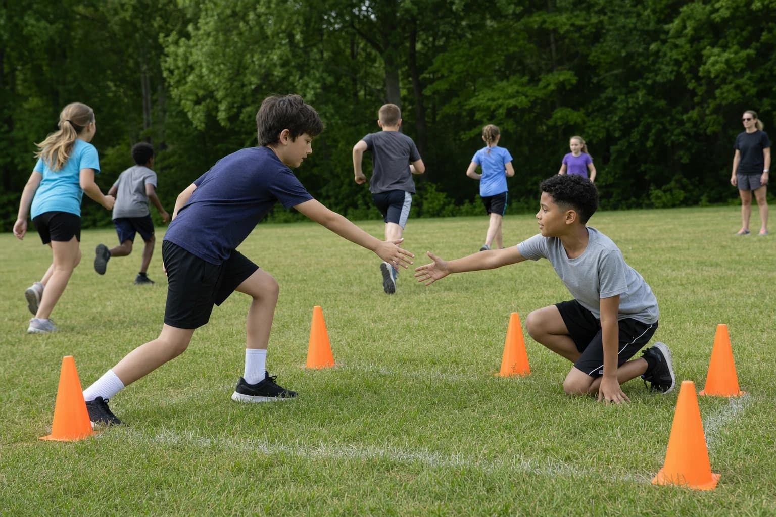 Children demonstrating a safe one-touch jail release in Capture the Flag