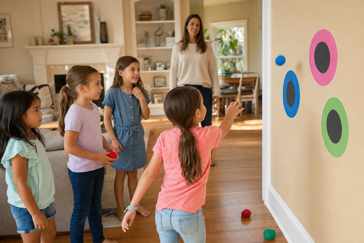 Children playing a safe indoor birthday game in a living room with paper targets and cushions moved aside
