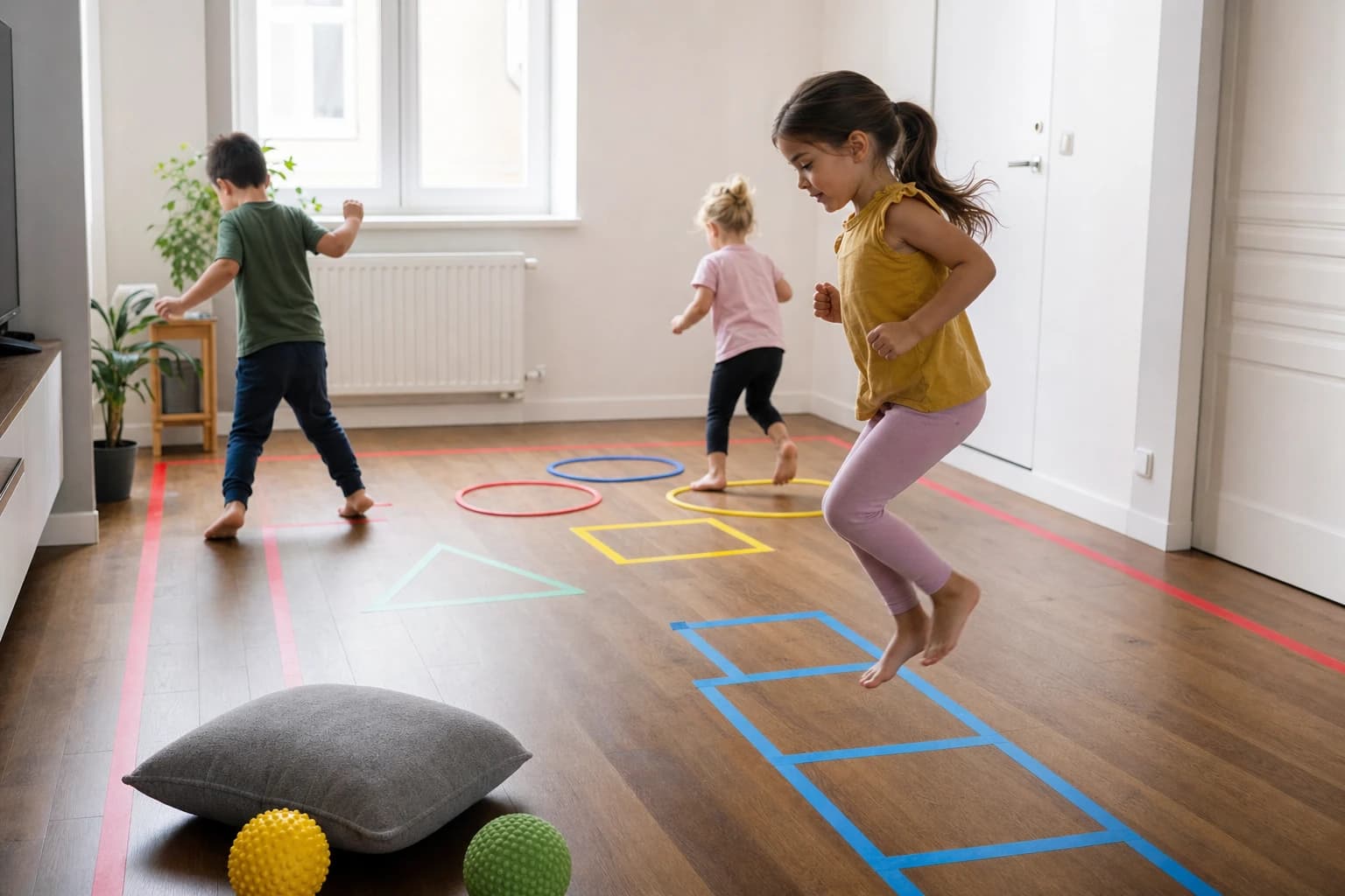 Children playing a taped movement game in a small apartment living room with furniture pushed aside