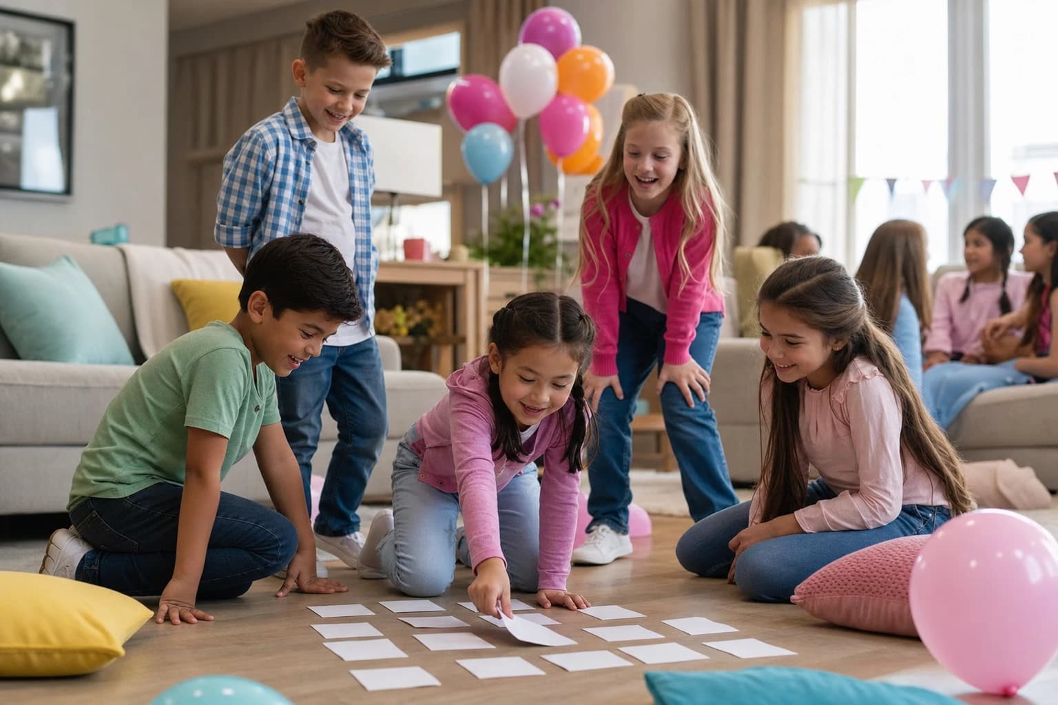 Children playing indoor birthday party games in a living room with balloons and paper game cards