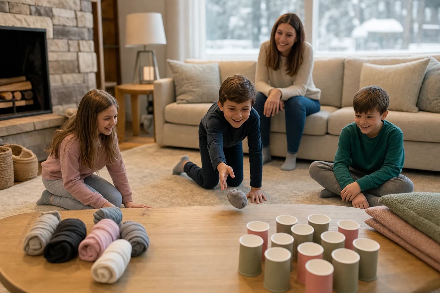 Children playing indoor winter games with a simple weekly activity plan on a table