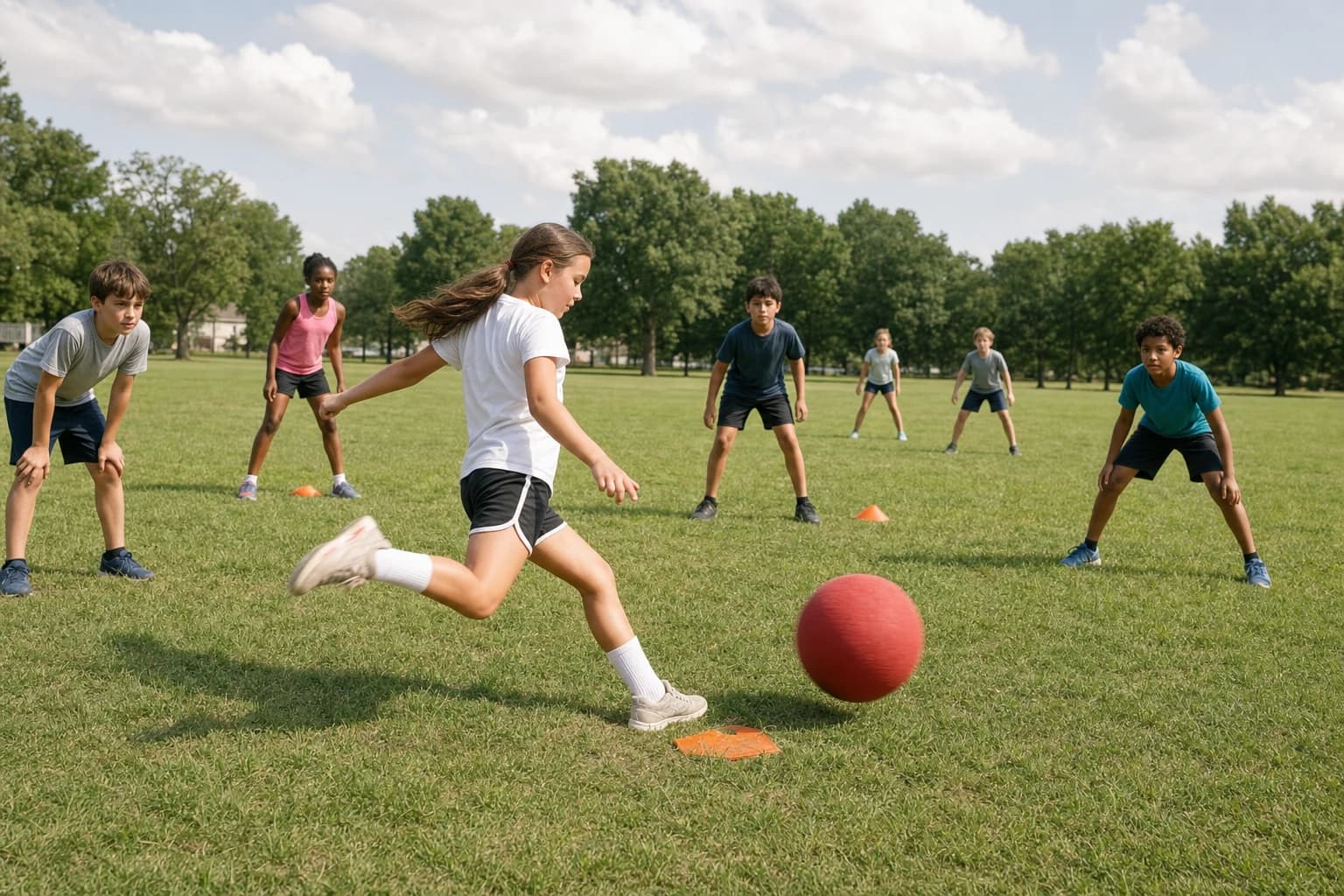 Children playing kickball on a grassy field with bases set in a diamond
