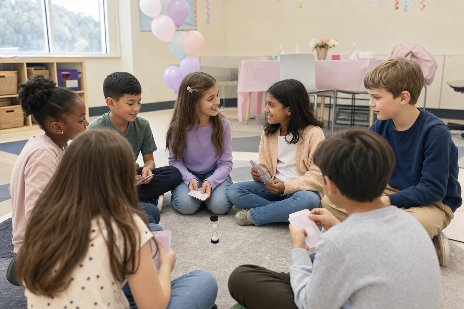 Children sitting in a circle playing a quiet indoor birthday game with cards and a timer