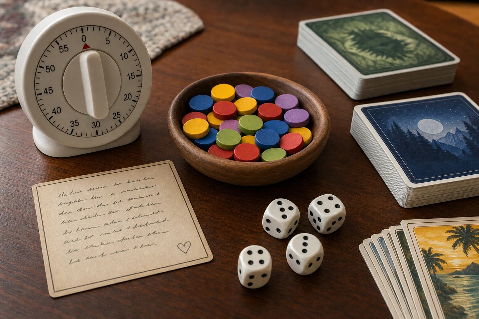 Close-up of a simple family game night setup with a kitchen timer, score tokens, and a small house rules card