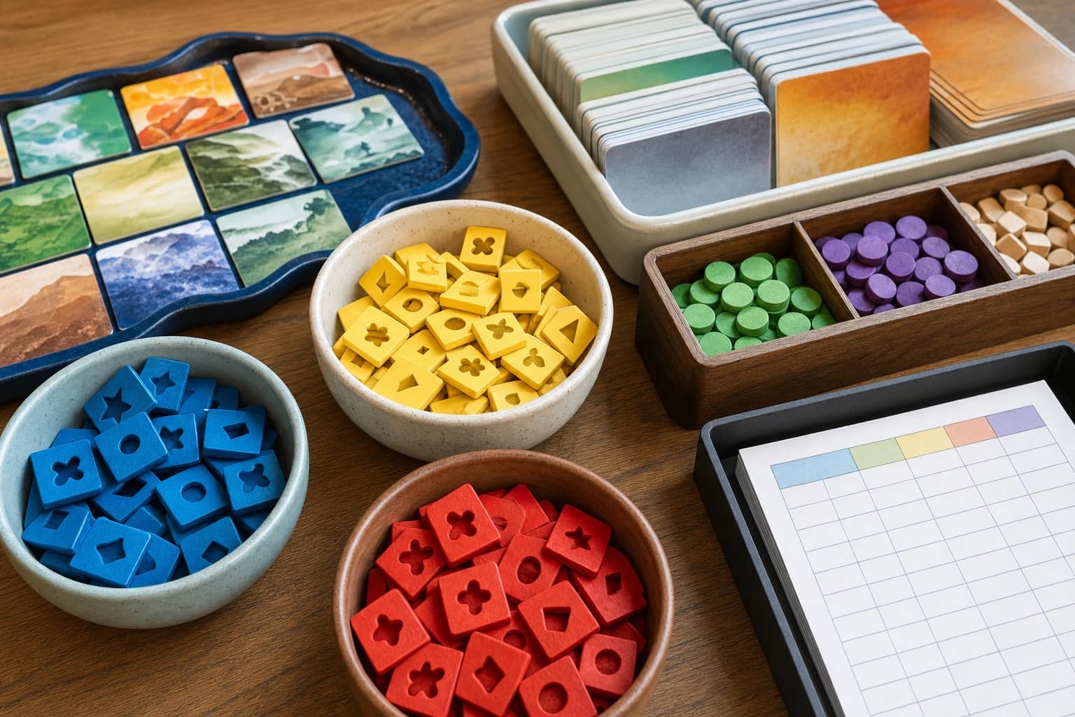 Close-up of large tiles, cards, and tokens arranged neatly for an accessible family game night