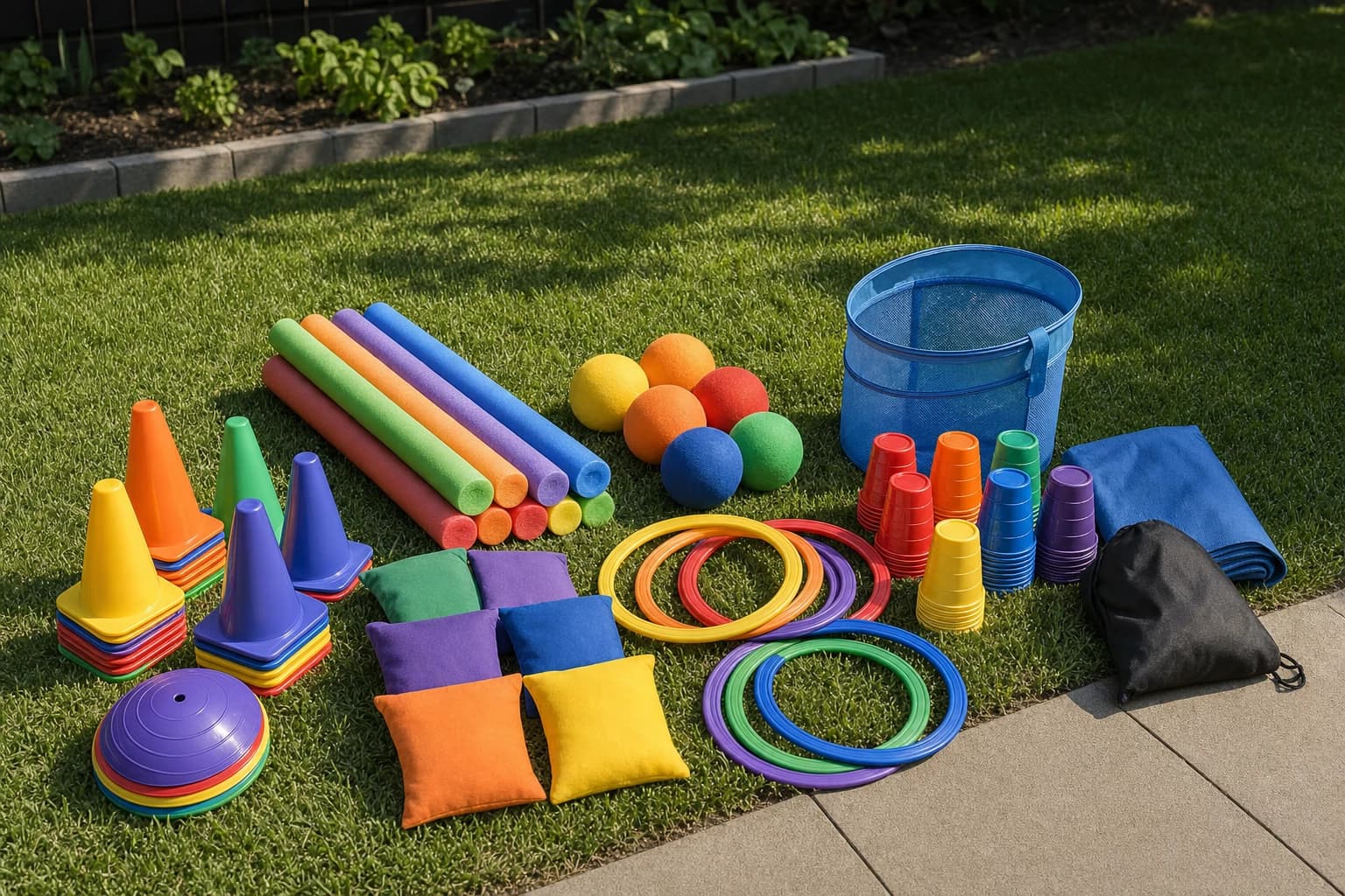 Compact backyard game setup with cones, beanbags, pool noodles, and soft balls