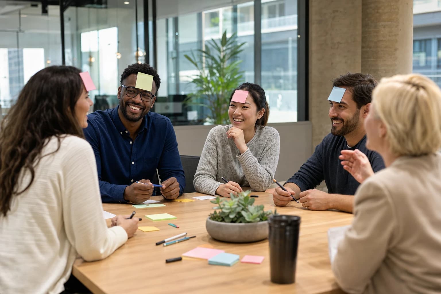 Coworkers gathered around a conference table playing a light office party game
