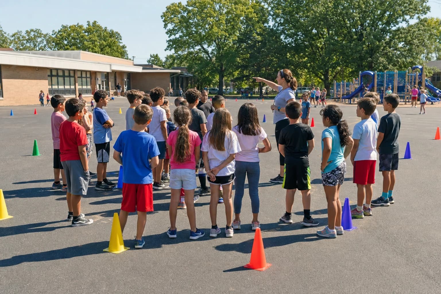 Elementary school playground with cones dividing safe game zones for large group recess