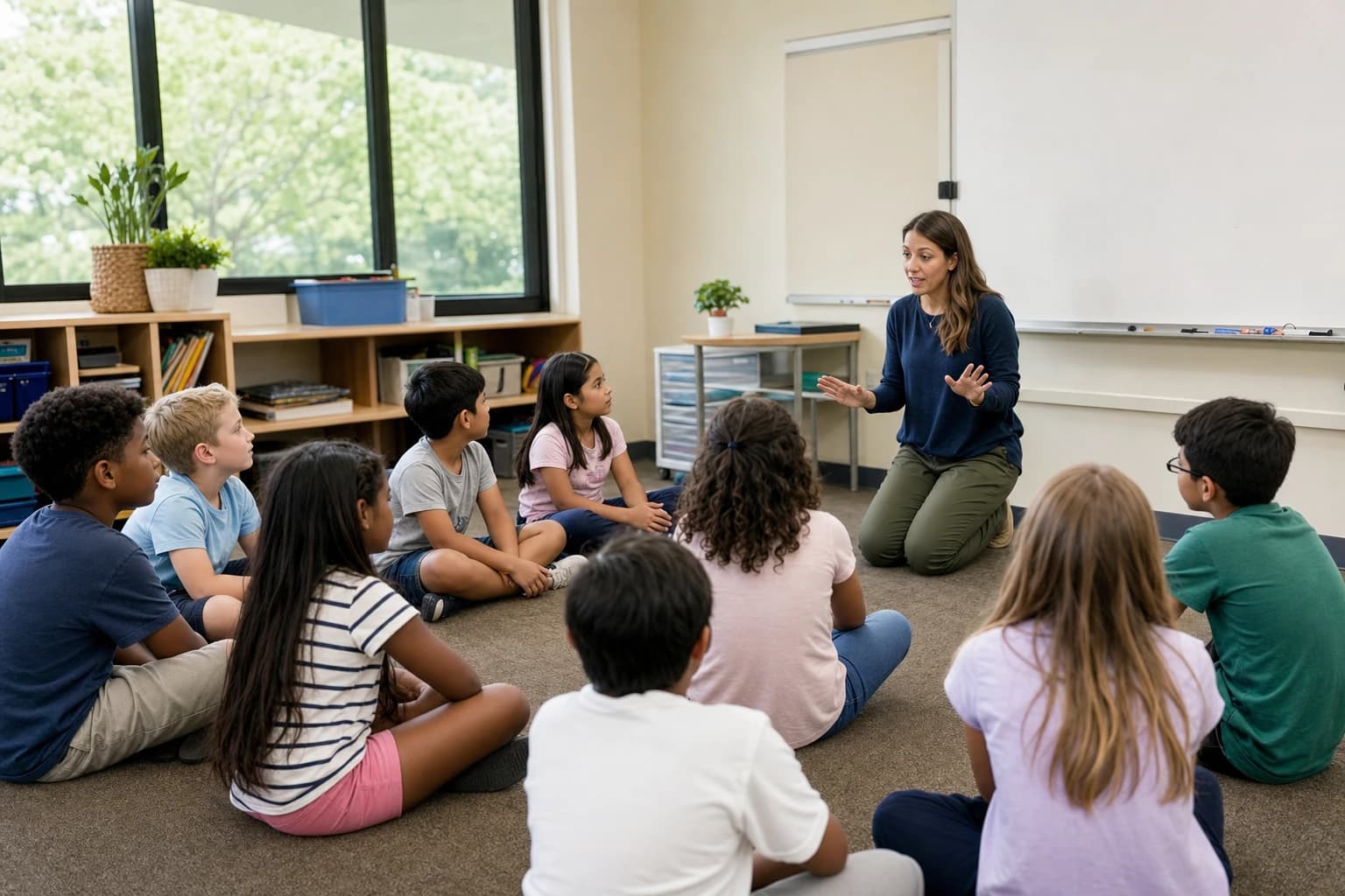 Elementary students playing a seated classroom transition game while a teacher gives directions