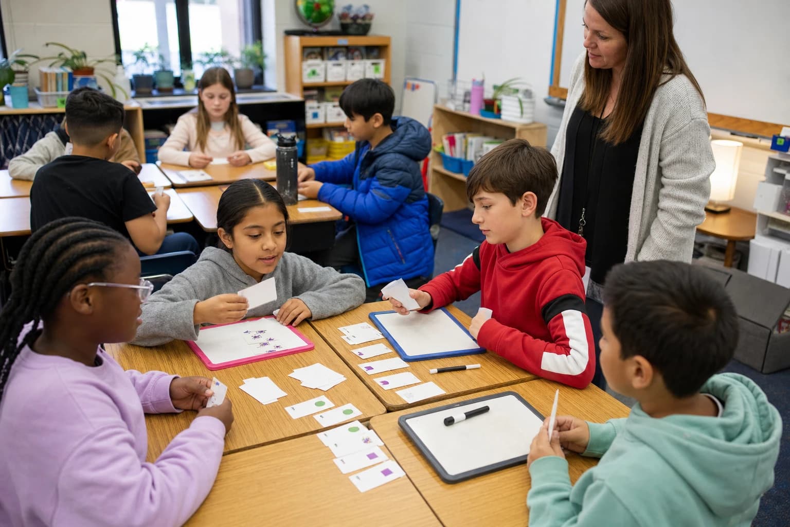 Elementary students playing an indoor learning game with cards at classroom desks