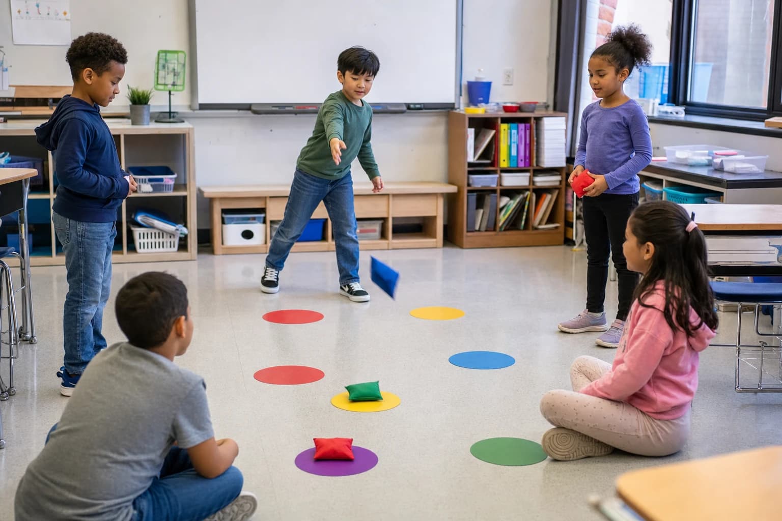 Elementary students using beanbags and floor spots for a calm indoor recess target game in a classroom