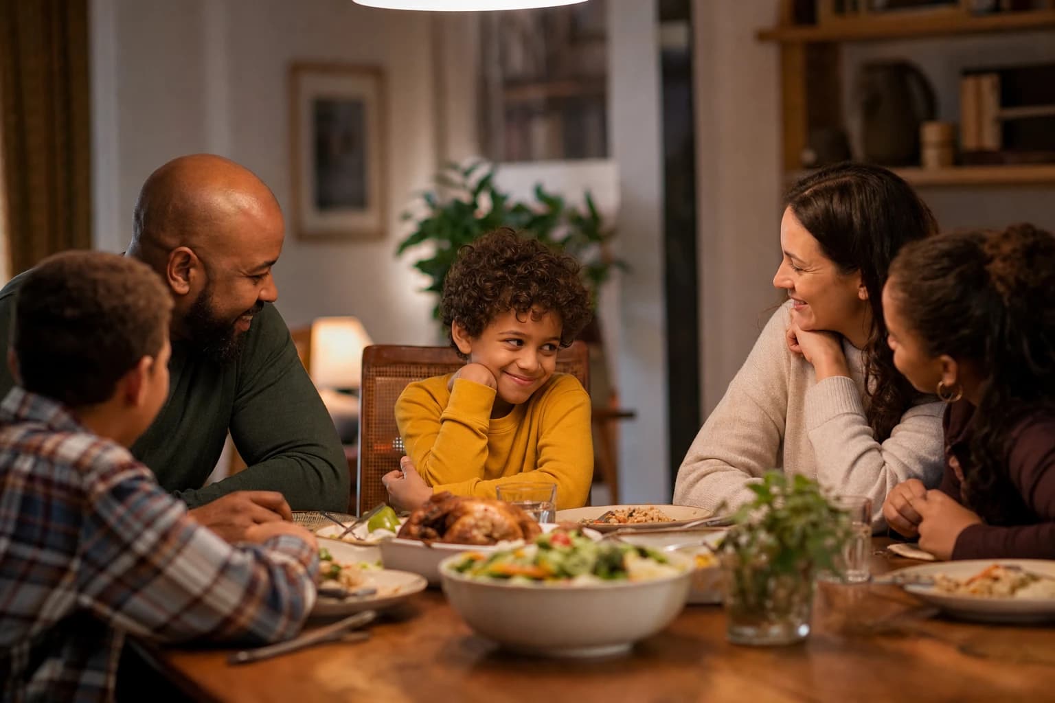 Family at a dinner table playing a gentle conversation game with a shy child smiling quietly