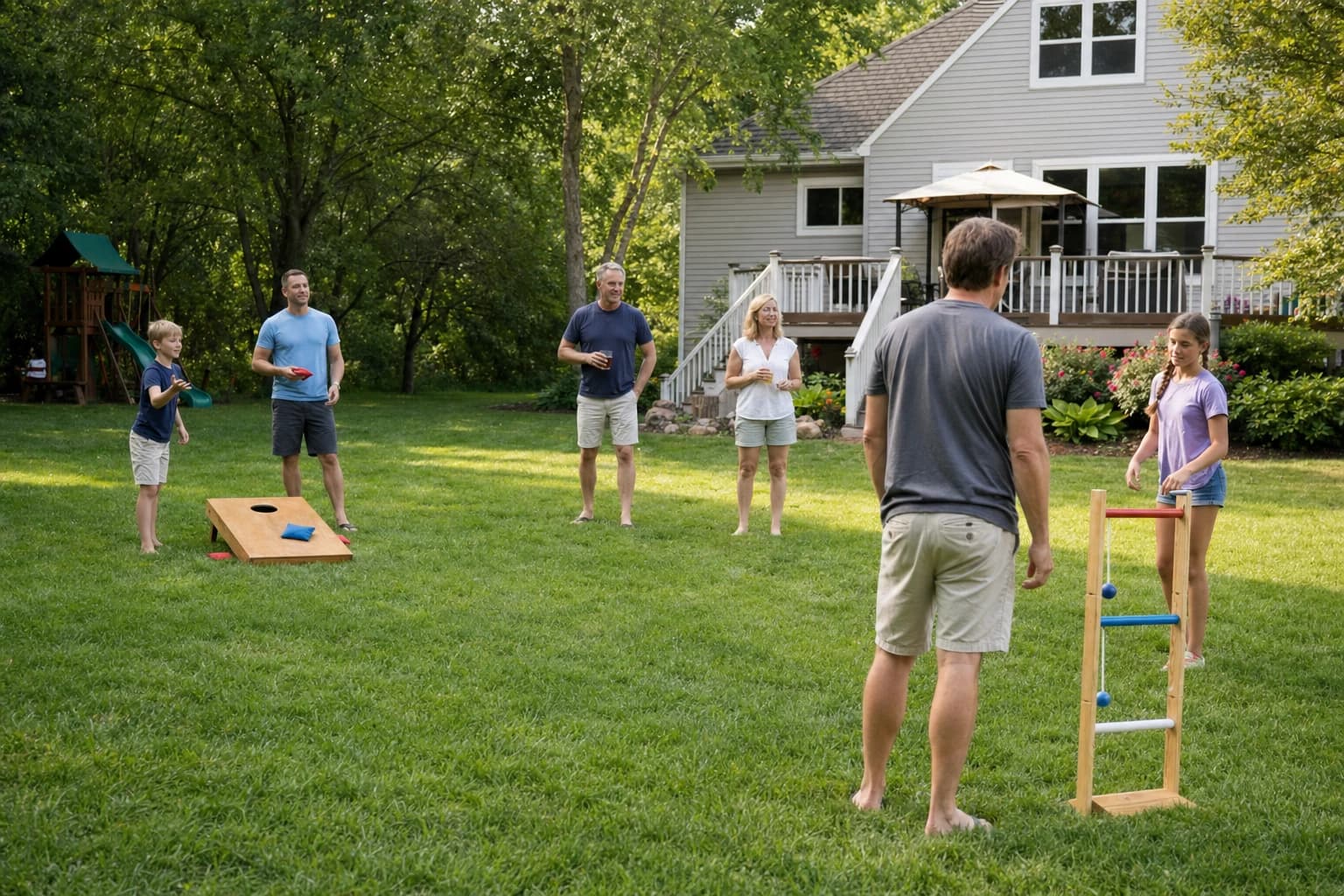 Family backyard setup with cornhole boards on one side and ladder toss on the other