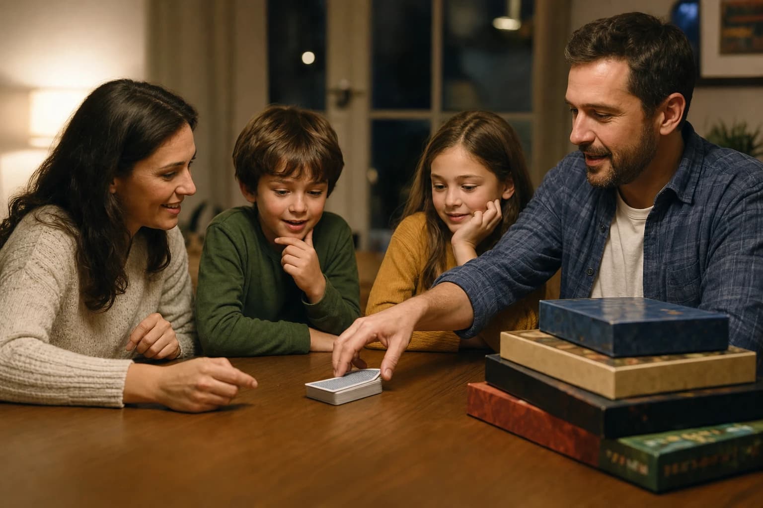 Family comparing a deck of cards and boxed board games on a dining table