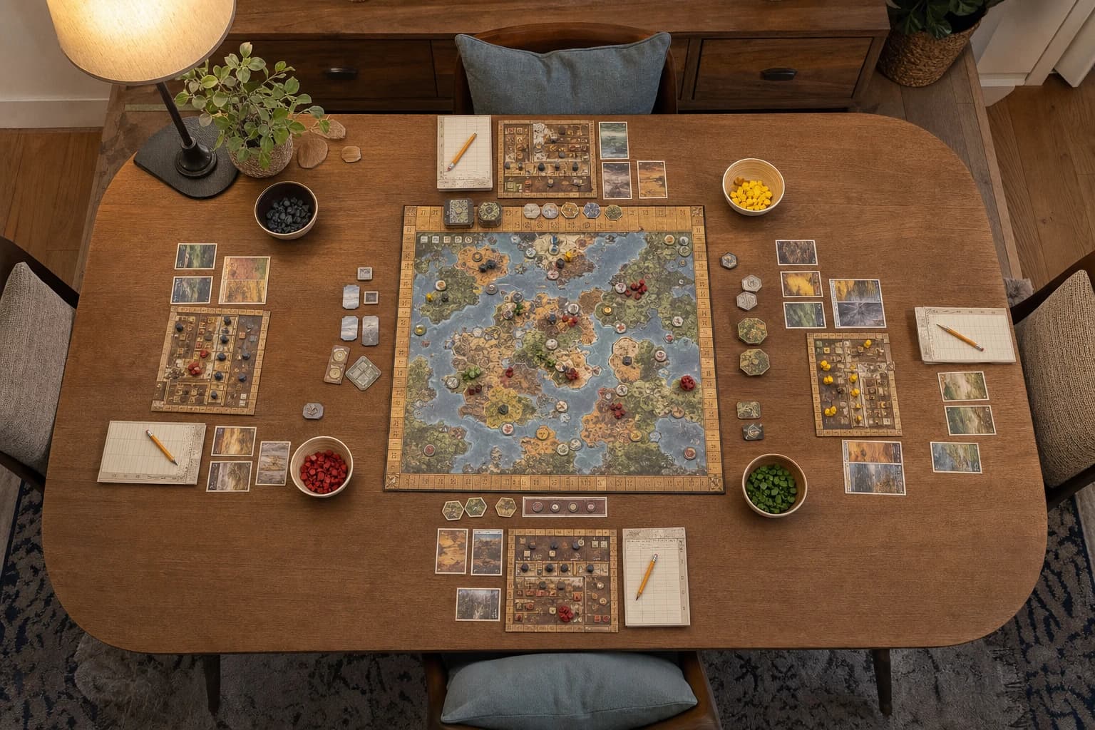 Family game night table with bowls for pieces, scorepad, cards, and enough space for each player