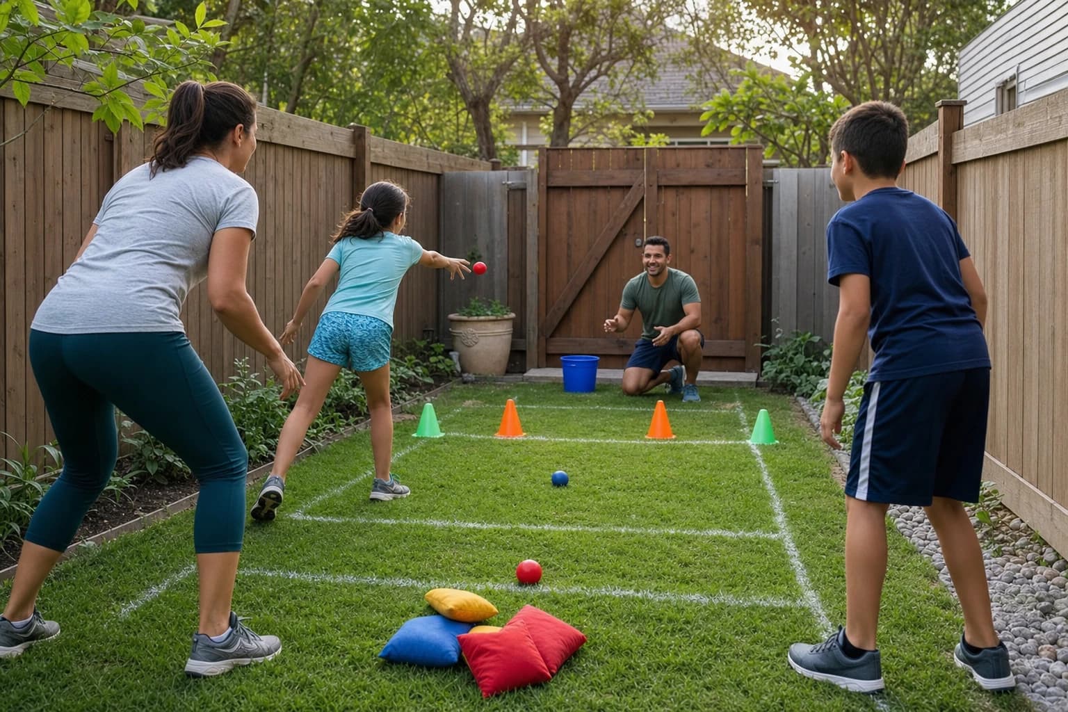 Family playing compact outdoor games in a small fenced backyard