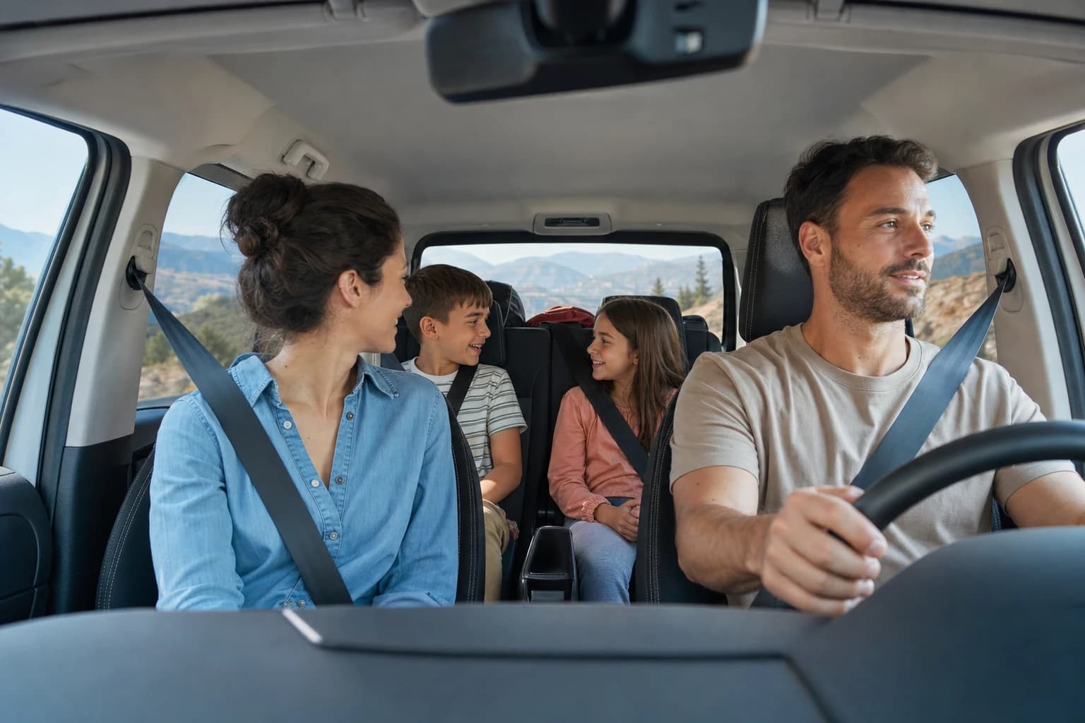 Family playing verbal games during a road trip while children sit buckled in the back seat